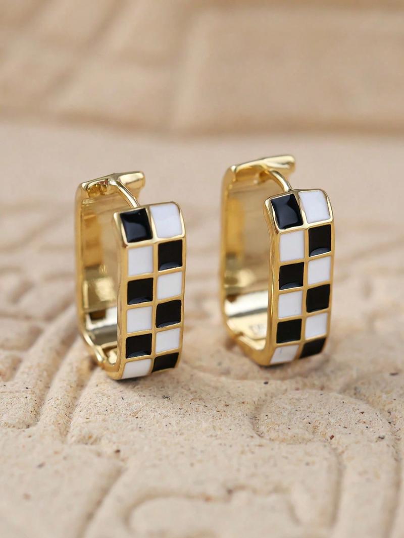 Checkerboard Pattern Hoop Earrings, Fashionable Casual Enamel Drip Earring Clip for Women for Party, Daily Decor, Trendy All-match & Exquisite Jewelry for Gift, High Quality Earrings