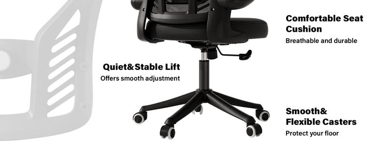 Ergonomic Office Chair, Mesh Desk Chair with AdjustableLumbar Support and 3D Flip-up Arms, Computer Chairwith Wheels, Black, Computer Desk Chair, ErgonomicOffice Desk Chairs with Mesh Back, Adjustable LumbarSupport, Rocking Function