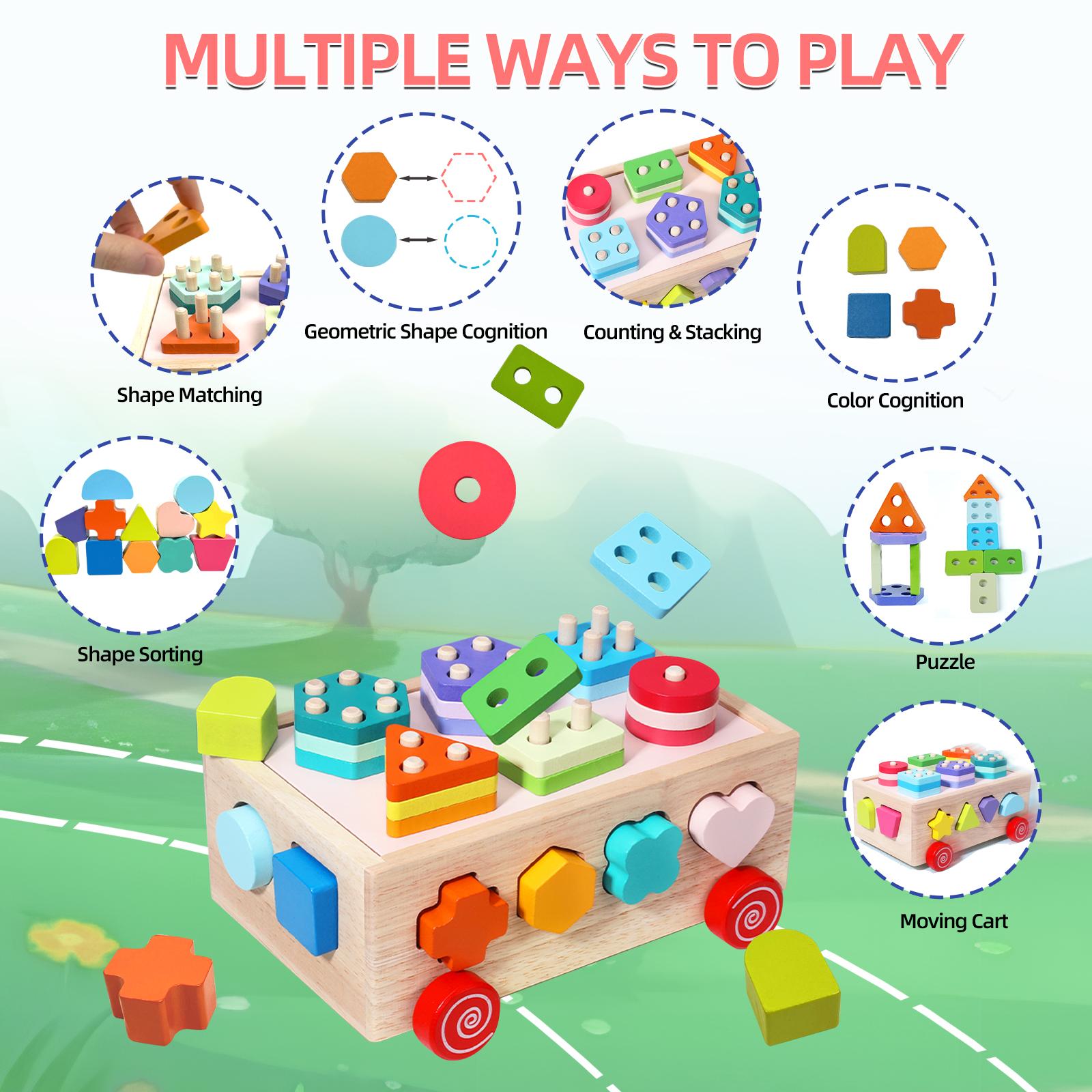 Edutree Wooden Shape Sorting and Stacking Toy 6-in-1 Montessori Peg Puzzle for Toddlers 1-3 Educational Activity Toy with Geometric Shape Cognition and Color Recognition