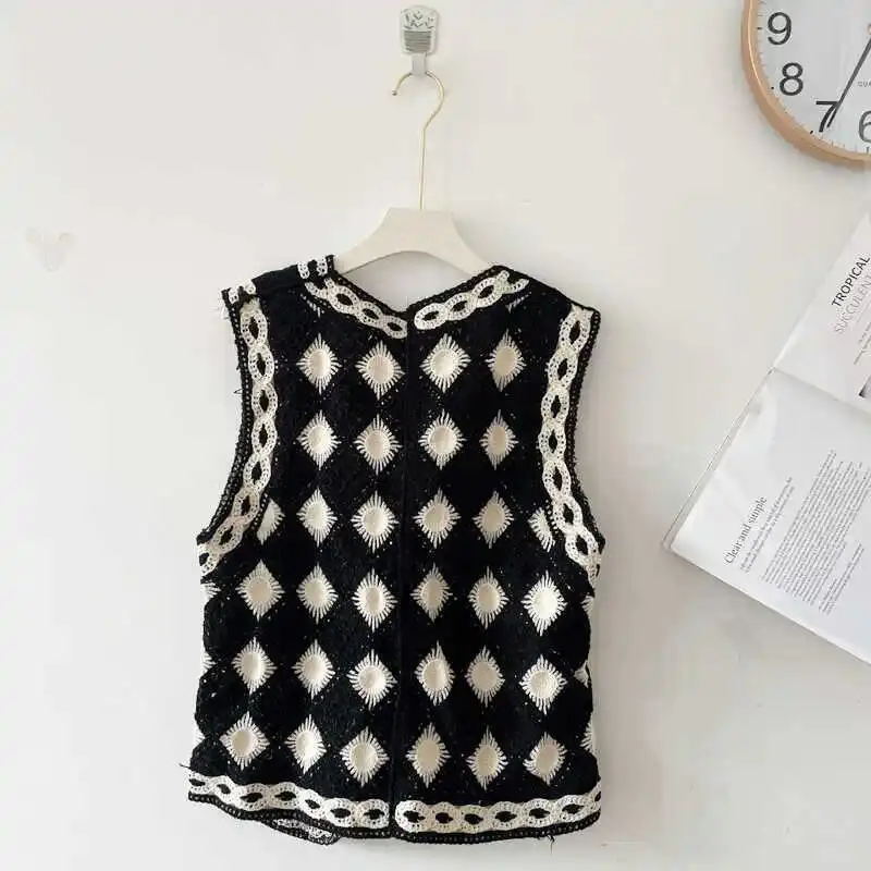 Black and White Checkered Vest Crochet Top for Women Sheer Open Knit Sleeveless Button Down Waistcoat Jacket Boho Vacation