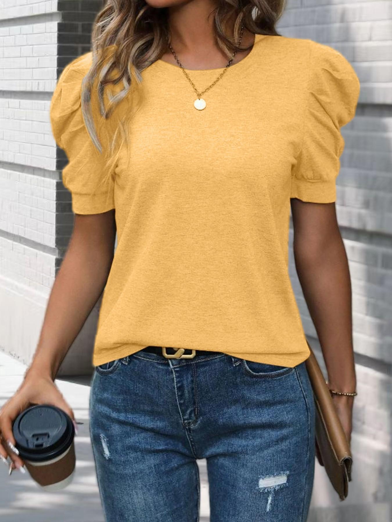 New Summer Women's Round Neck Puff Sleeve T-Shirt, Fitted Slimming Top, Elegant Versatile Casual High-End Style, Unique Design