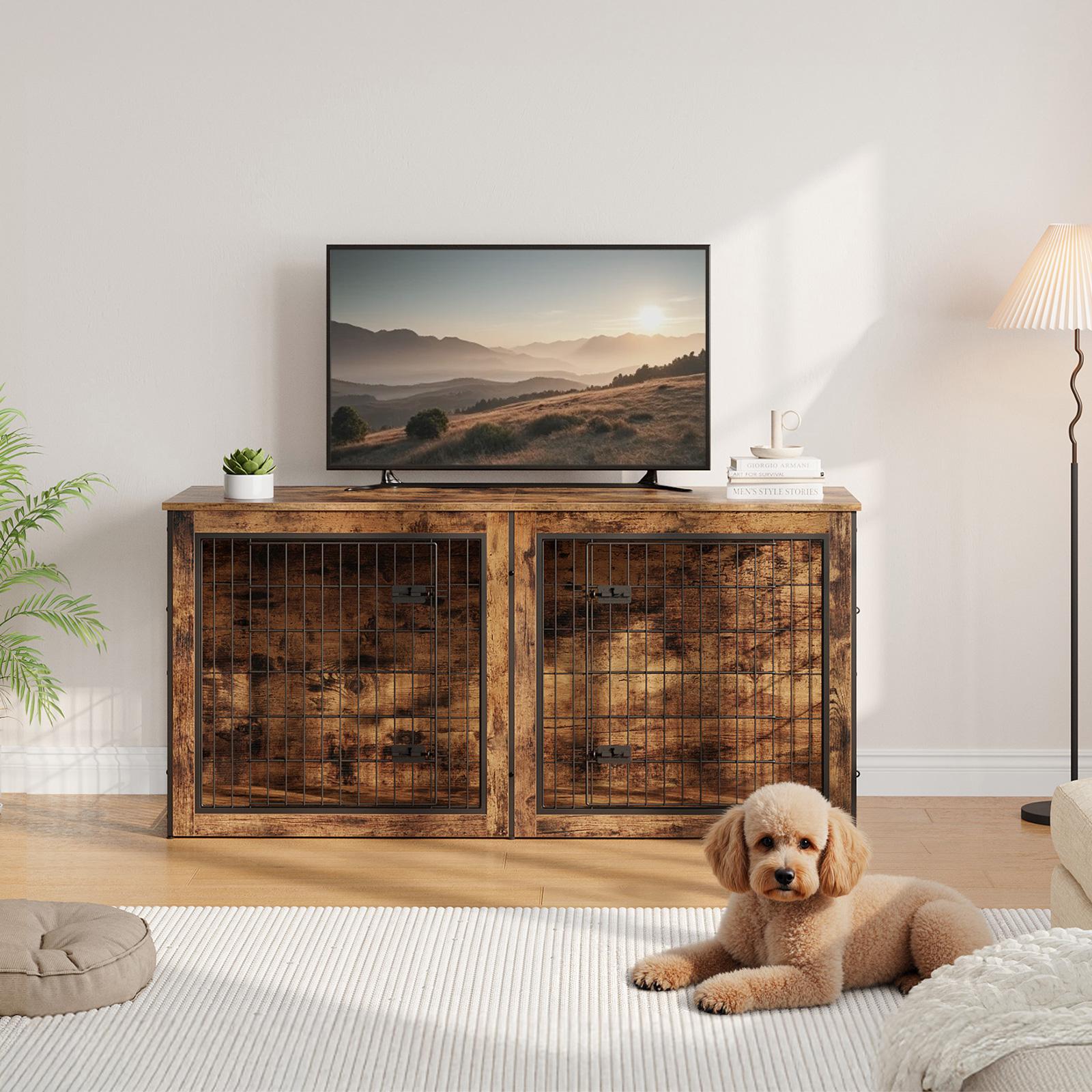 HOOBRO Dog Crate Furniture for 2 Dogs, 63" Large Double Dog Crate Furniture with Divider, Wooden Indoor Dog Kennel TV Stand for Medium Large Dogs, Rustic Brown Home Cage