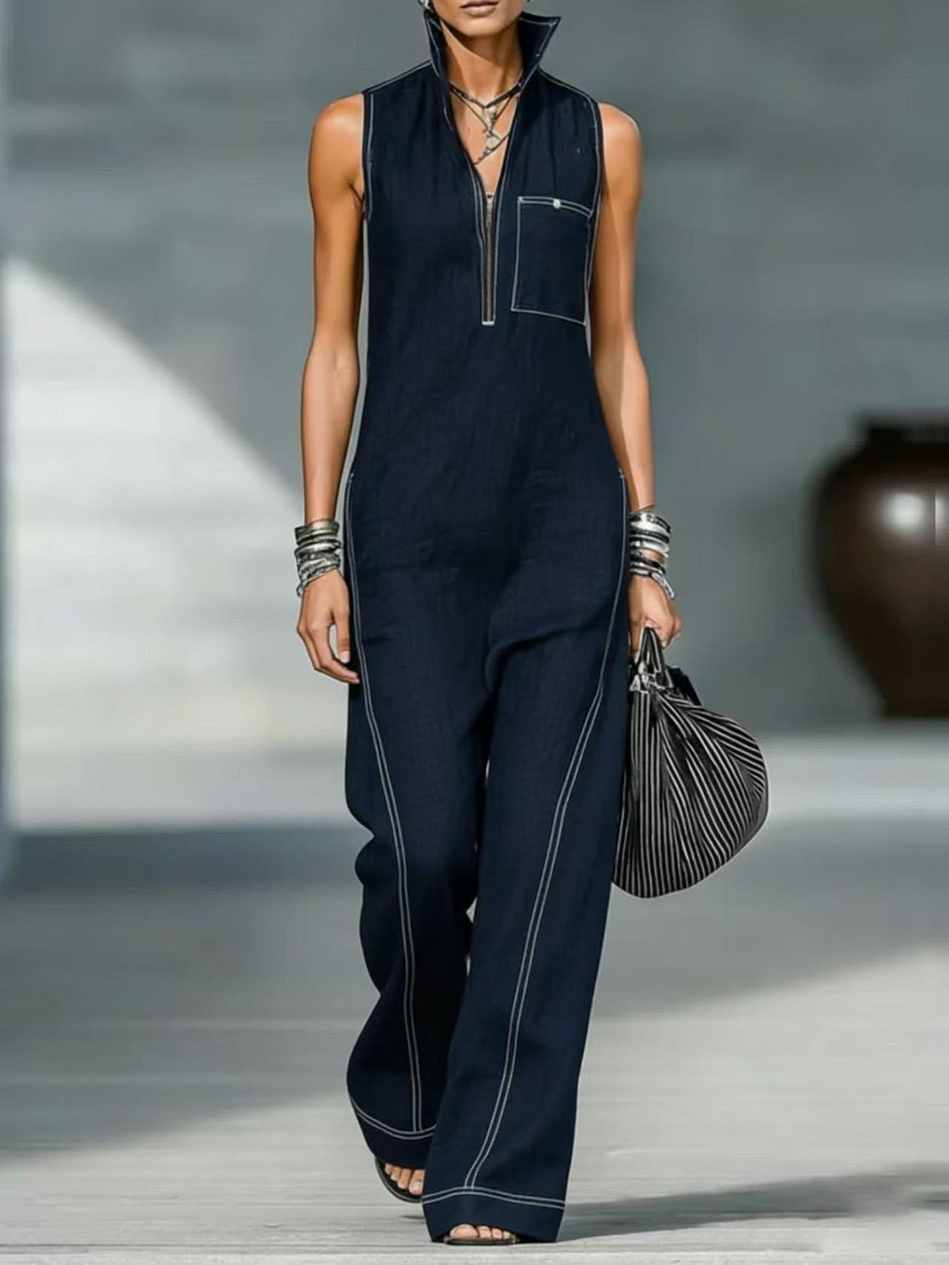 Women's Stand Collar Sleeveless Zipper Casual Loose Bodysuit, Comfortable and Stylish One-Piece for Daily Wear