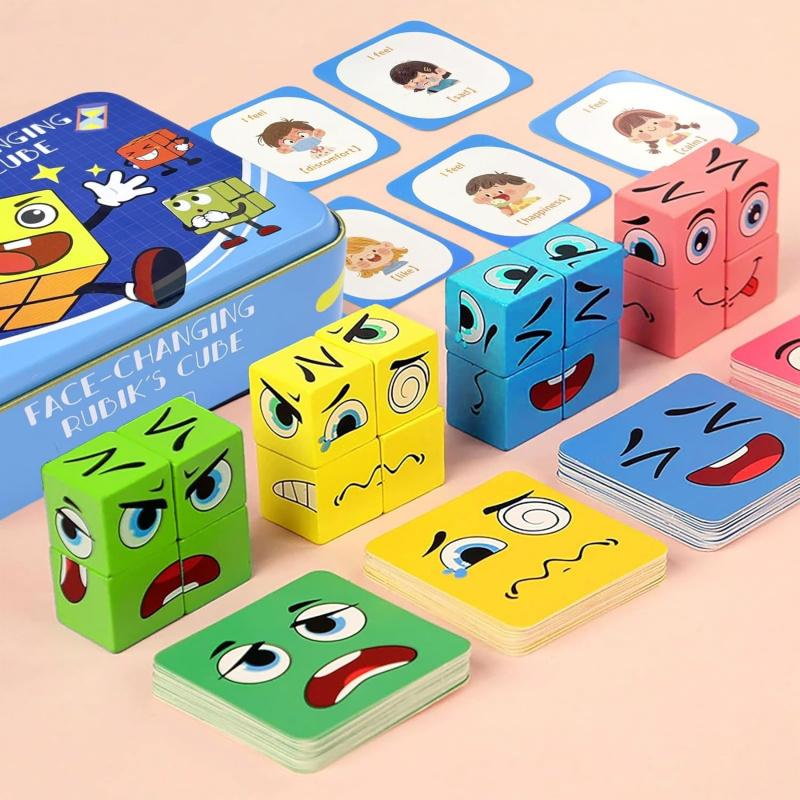 Wooden Face Changing Magic Cube Game[16 blocks + 72 cards], Expression Puzzle Building Blocks Pattern Matching Game, Educational Puzzles Toy Board Games for Kids and Adults with Bell