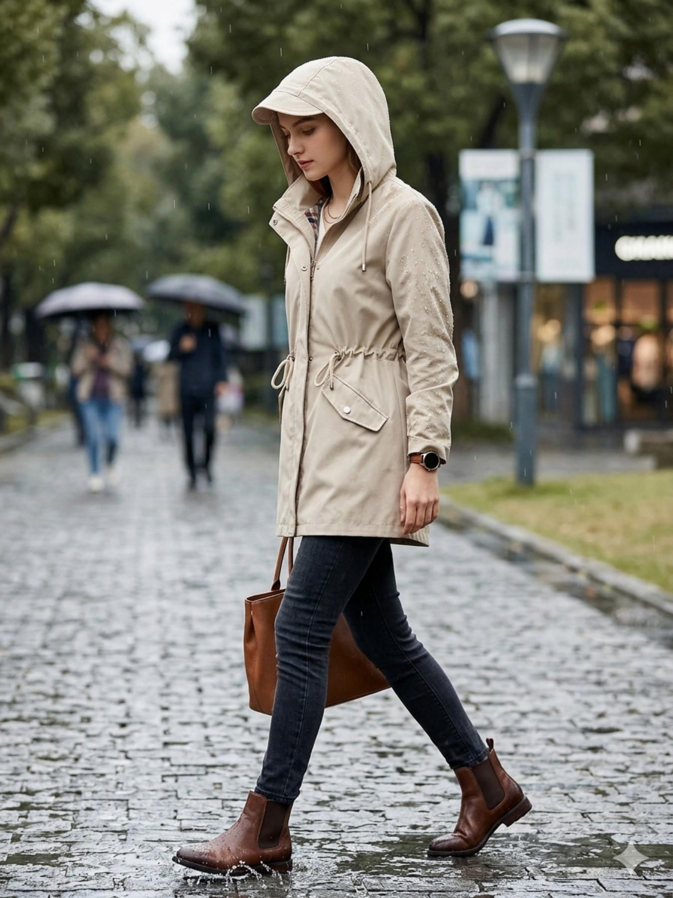 Women's Solid Color Drawstring Zip Up Hooded Trench Coat Raincoat, Casual Long Sleeve Waterproof Windproof Breathable Outerwear for Spring & Fall, Ladies Clothes for Daily Wear Women's Solid Color Drawstring Zip Up Hooded Trench Coat Raincoat, Casual Long Sleeve Waterproof Windproof Breathable Outerwear for Spring & Fall, Ladies Clothes for Daily Wear
