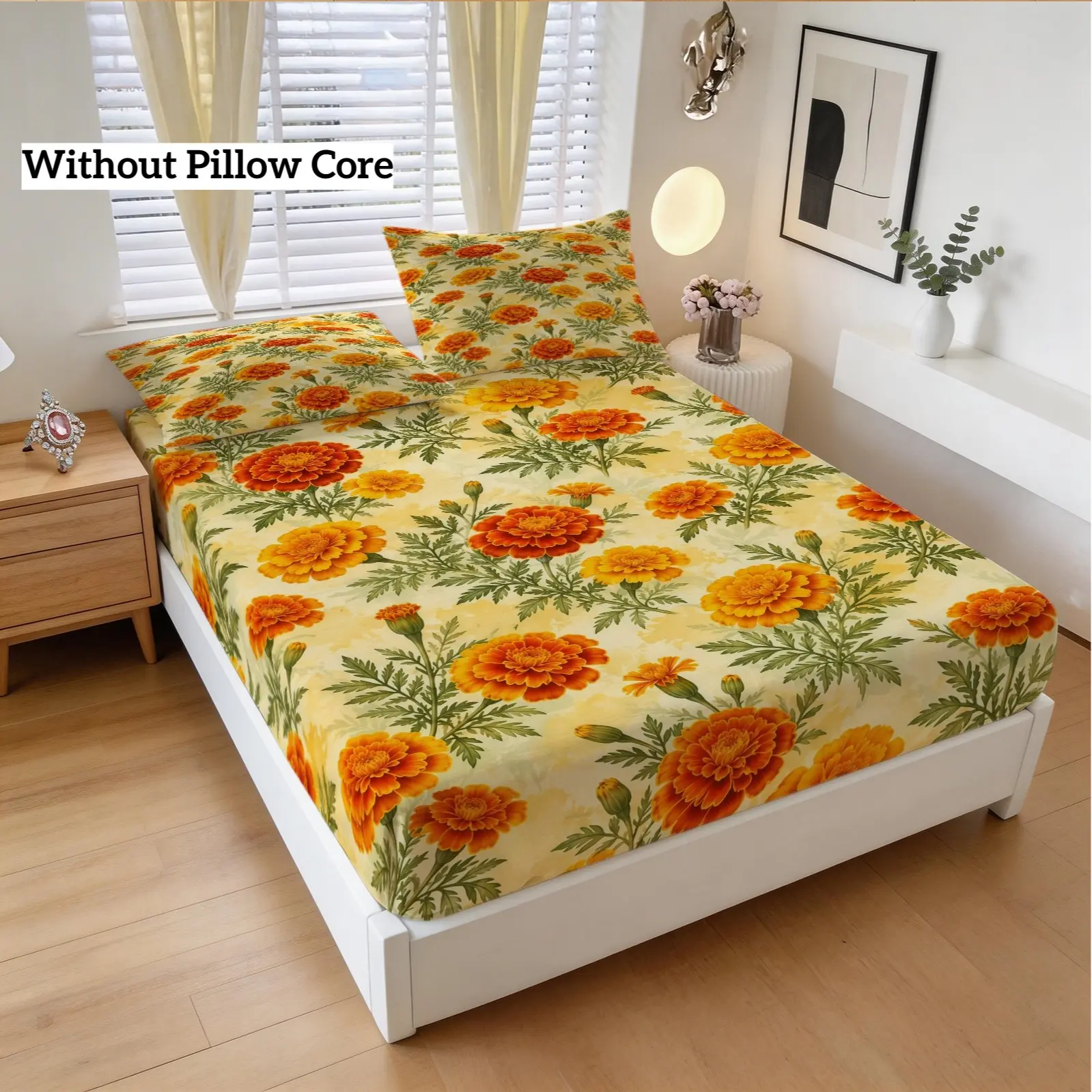 Bed Sheet Set With Marigold Single-Sided Print Pattern, Mexican Day Of The Dead Fashionable Bedding Decoration, 1 Bed Sheet With 2 Pillowcases (Excluding Pillow Core), Suitable For Bedroom Decoration And Gifts For Teenagers And Adults
