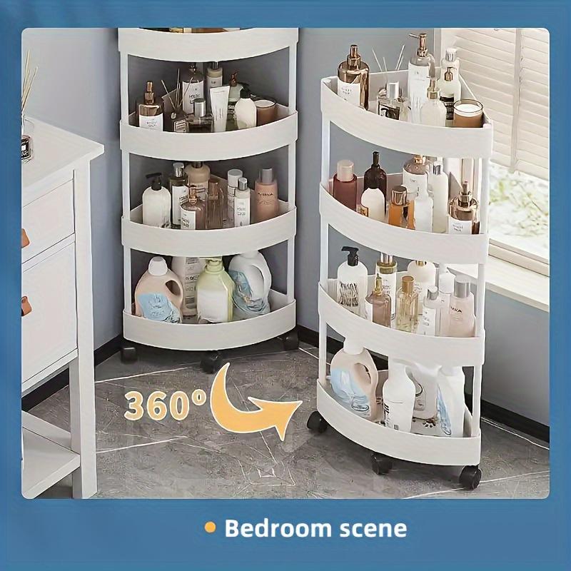 Four-layer rolling storage cart, compact corner storage unit, made of sturdy plastic, no electricity required, suitable for kitchen, office, commercial bathrooms and other storage needs.