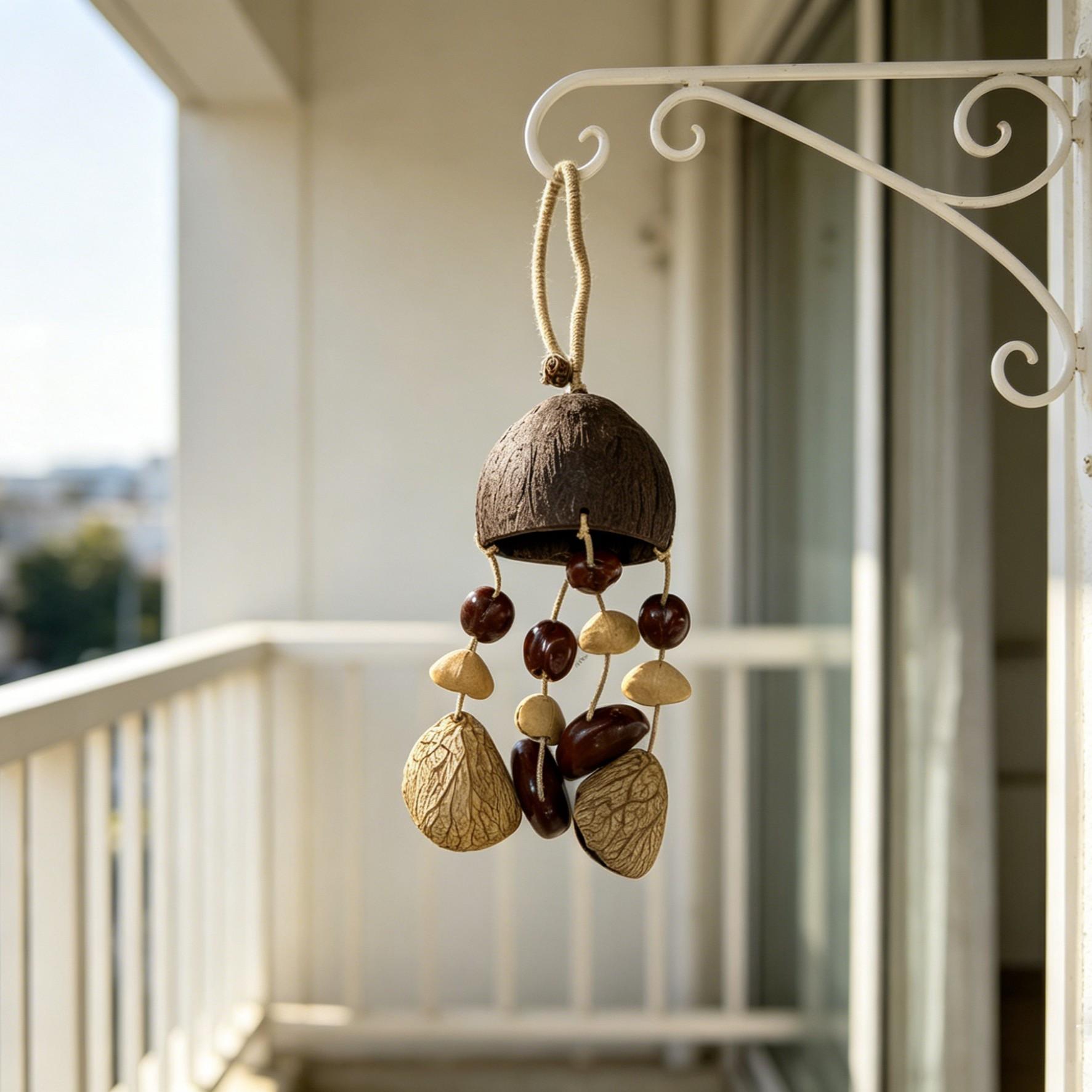 Natural Coconut Shell Seed Wind Chime, Bohemian Handmade Wooden Hanging Decor, Vintage Garden Patio Decoration, Sound Healing Bell