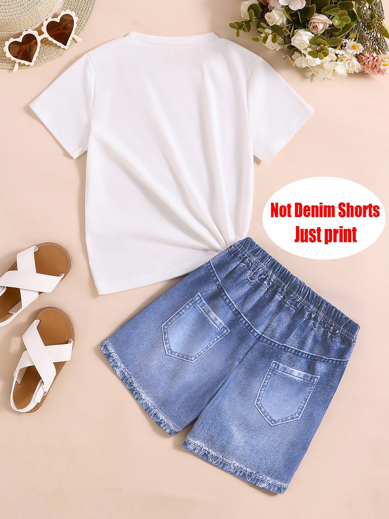 Fashion Two-Piece Set for Girls, Ballerina Cappuccina Print T-Shirt + Denim Shorts, Summer for Kids, Casual Slim Fit Suit