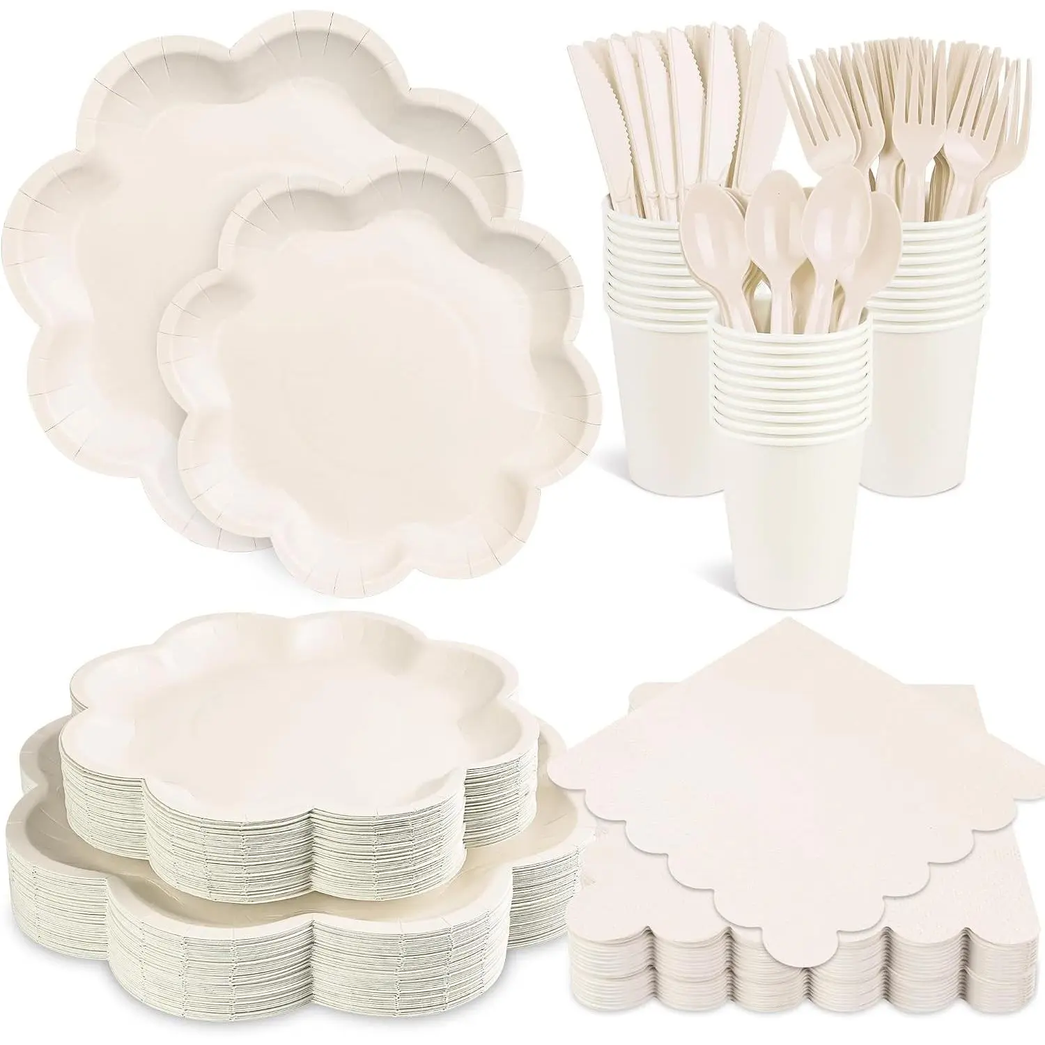 350 Pcs Ivory Paper Plates and Napkins Set, Tableware Set for 50 Guests Include Disposable Ivory Scalloped Plates, Napkins, Cups, Knives, Forks & Spoons for Baby Shower Wedding Bridal Shower Birthday