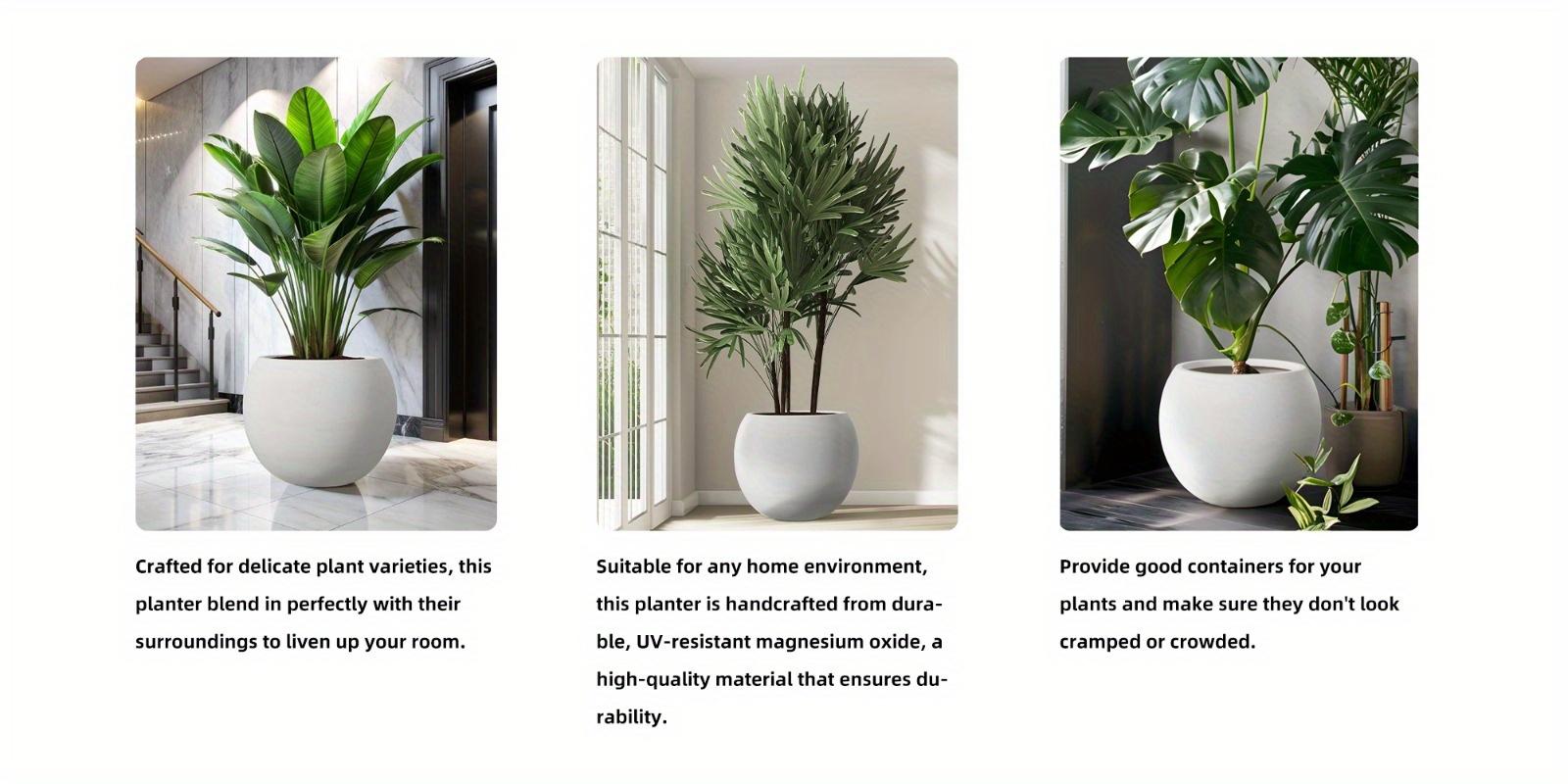 Modern Round Indoor Planters with Drainage Hole - White MgO Flower Pots, Large Size for Porch, Balcony & Indoor Areas