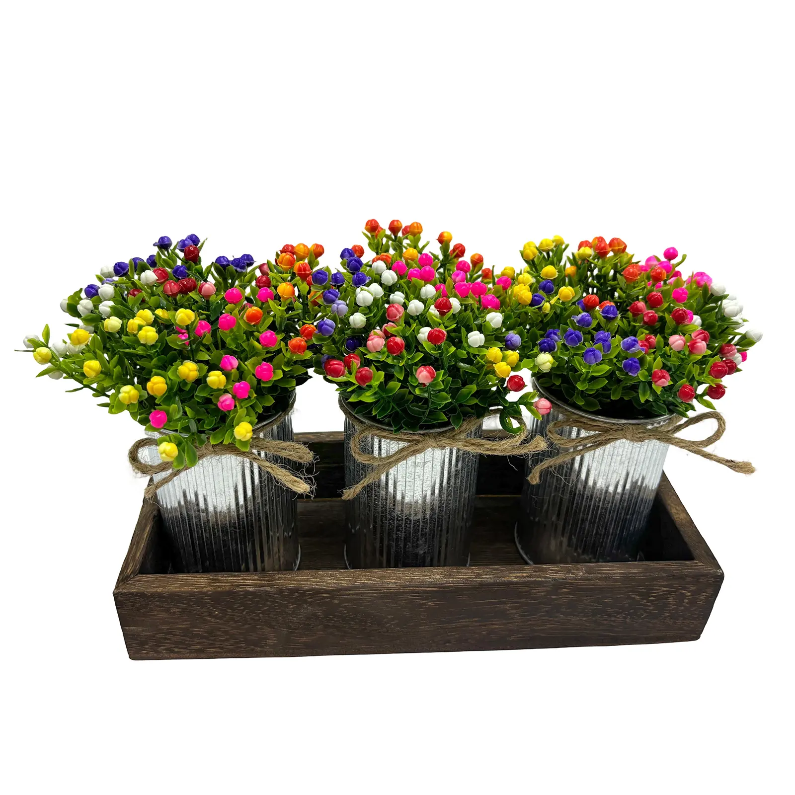 3-Piece Artificial Baby's Breath Gypsophila Set with Wood Tray & 3.9" H Metal Buckets, Faux Flower Centerpiece for Farmhouse Kitchen Table