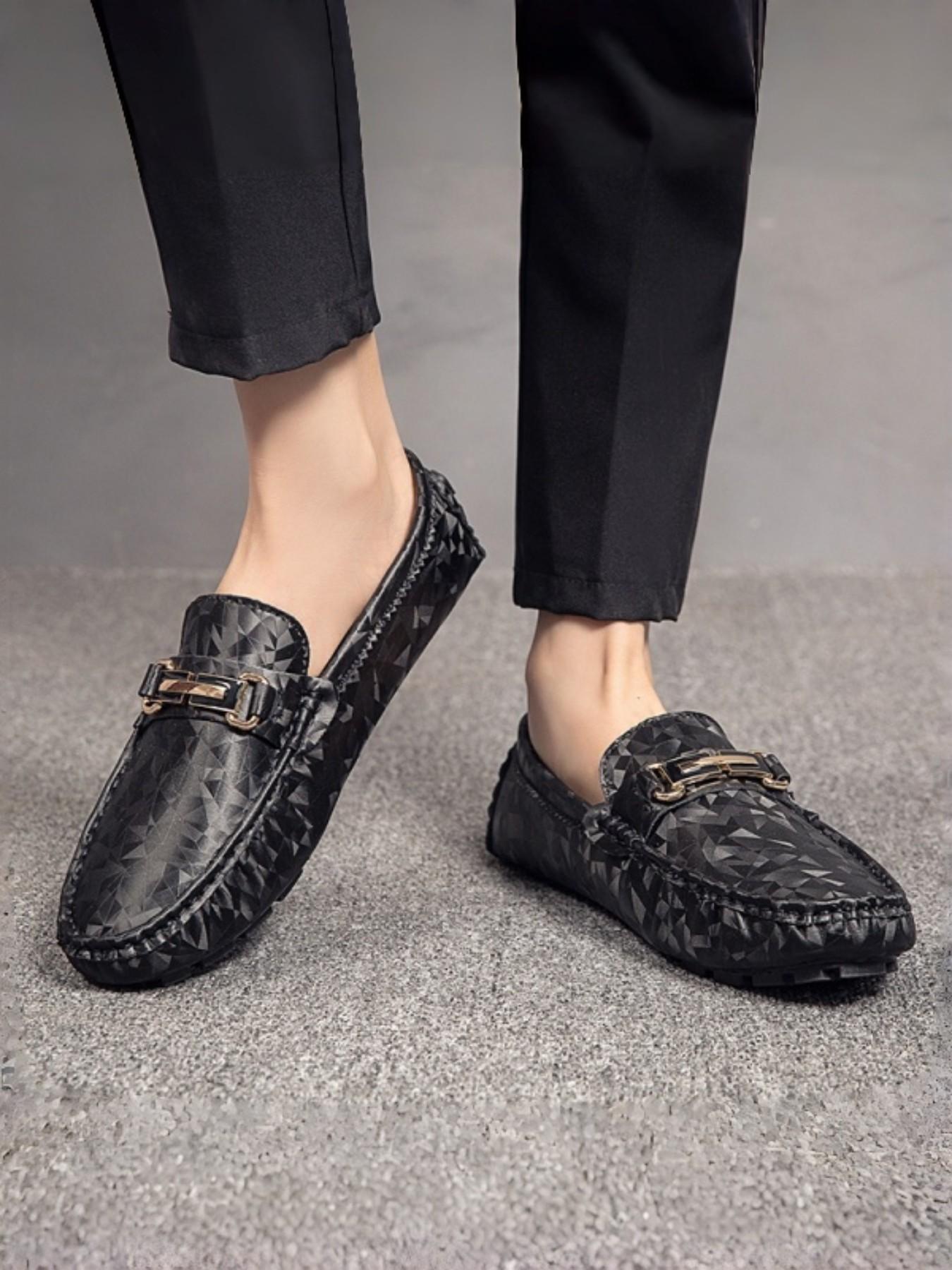 Men's Plaid Buckle Loafers, Daily Commute/style, Glossy Embossed Texture, Metallic Decorative Buckles, Trendy Casual Shoes