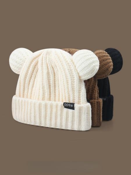 Women's Animal Ear Knit Beanie Hat, Casual Letter Patch Acrylic Warm Cap, Bear Shape Fitted Sweater Hat for All Seasons, Knitted Winter Hat