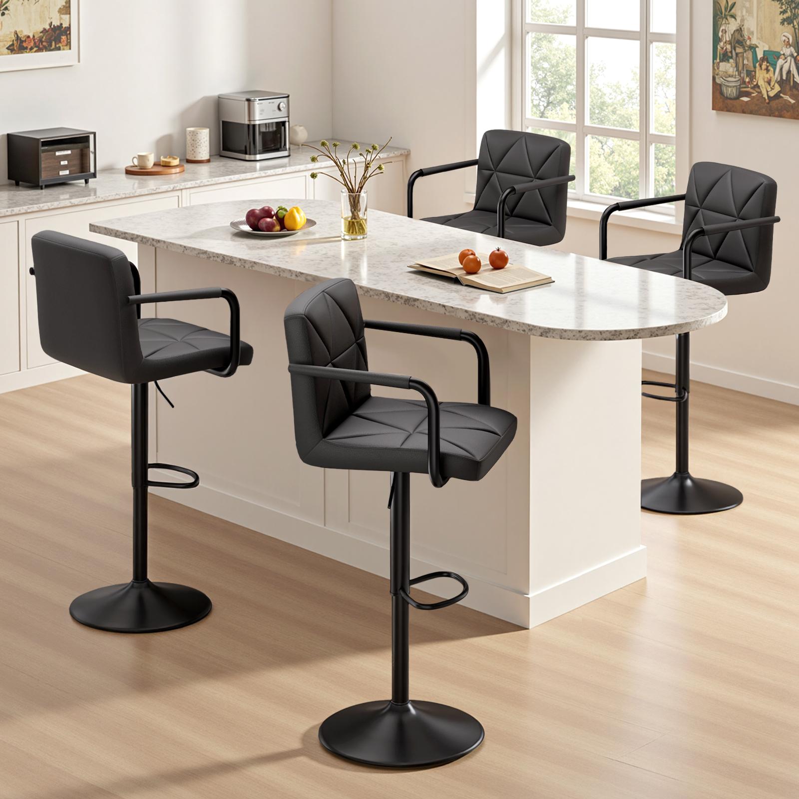 Set of 2 Barstools, Adjustable Height 25.5-34.5 IN with Back & Arms, Swivel PU Leather Upholstered Counter Height Bar Chairs