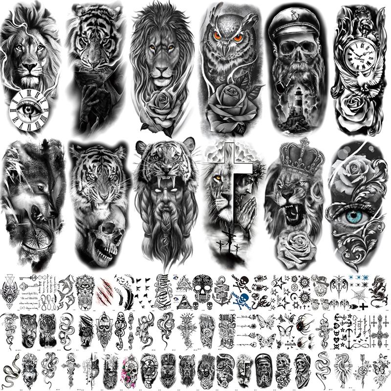 72 Sheets 3D Black Tribal Realistic Lion Temporary Tattoos for Men Women Adults, Bulk Tiger Wolf Warrior Gladiator Temp Skull Skeleton Halloween Fake Half Arm Sleeve Tattoos Stickers Legs Kit Costume Party Home Decor American Pride Day  scene accessories