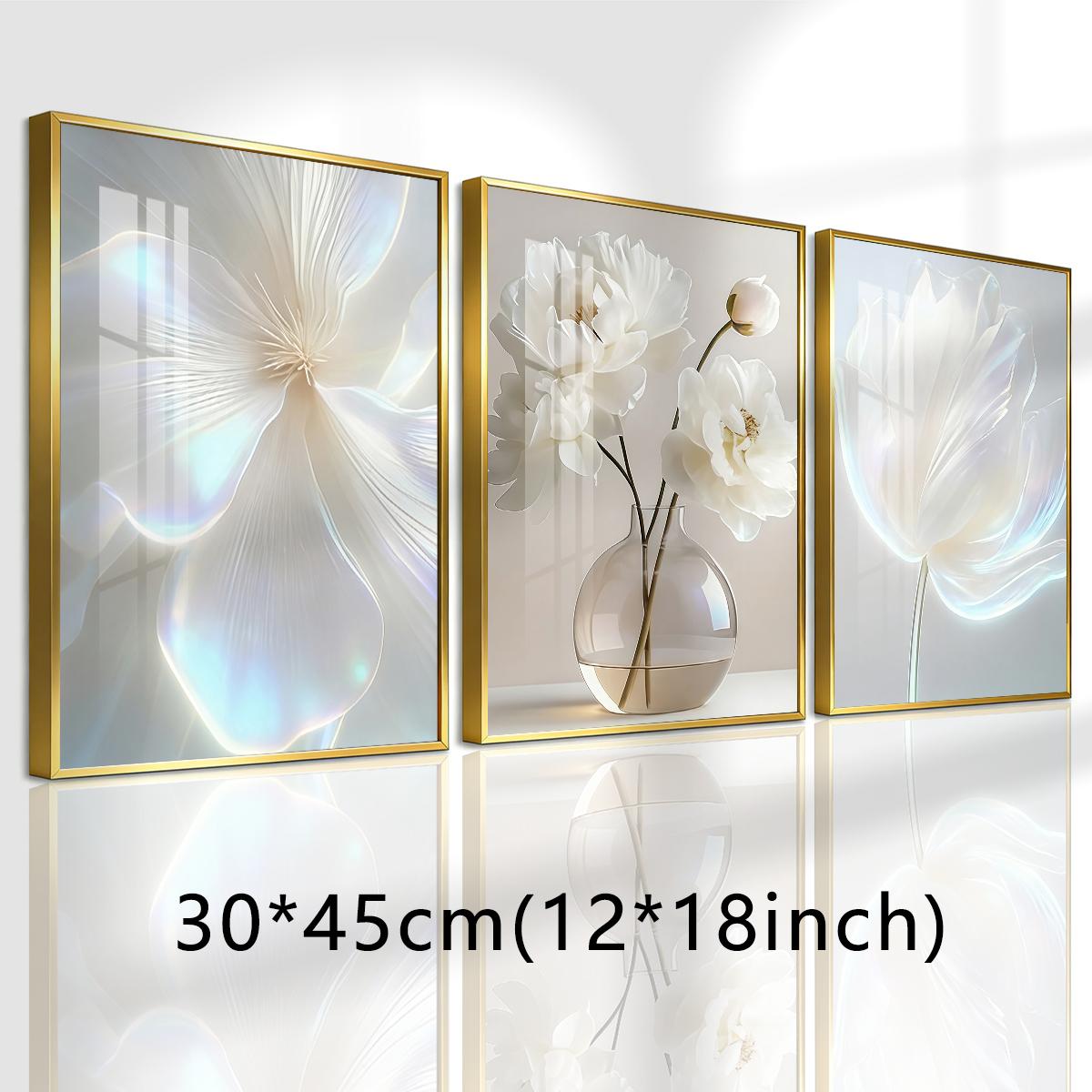 3 Counts Aluminum Alloy Framed Painting, White Floral Vase Artwork, Home Decoration For Living Room, Bedroom, Office, Restaurant, Hallway Wall Decor, Odorless Print Artwork, Luxury Perfect Gift For Friends And Family
