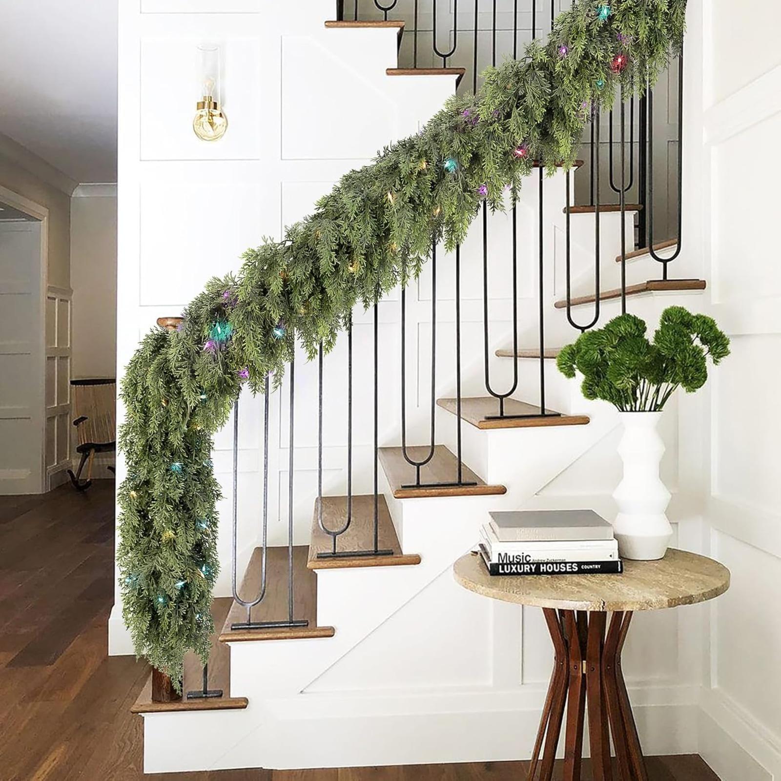 Early Bird | 9ft Pre-Lit Christmas Pine Garland - 50 LED Lights - Realistic Faux Greenery for Mantle, Stair & Fireplace - Battery Operated & Ornaments Decor  Christmas Decoration, Get Free Gift