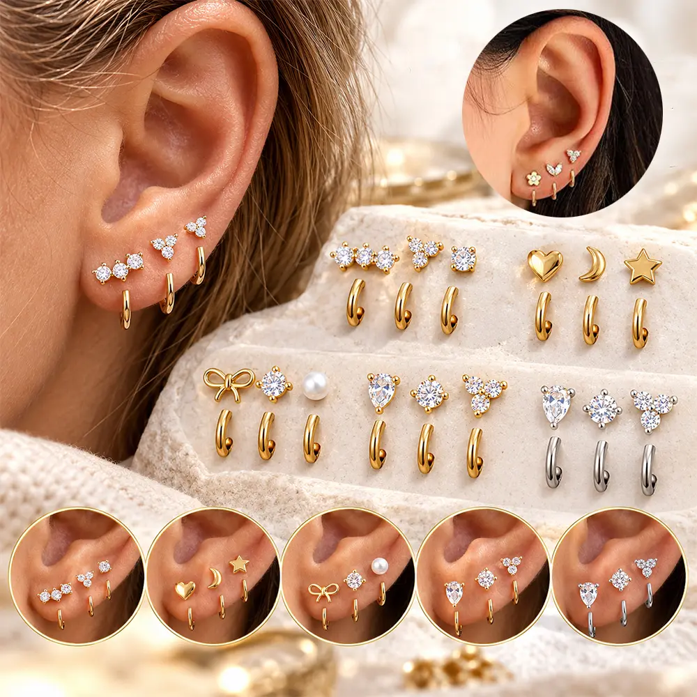14K Gold Plated Stud Earrings for Women, 3-Pairs Exquisite Stackable CZ Cartilage Earrings Hypoallergenic Cubic Zirconia Star/Moon/Heart/Bow Trendy Stud Hoop Earring Party, Proms, Music Festivals, And Holiday Wear Accessories
