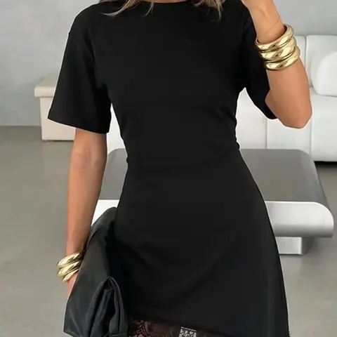 Short Sleeve Lace Trim Asymmetrical T-Shirt Dress Women Daily Wear Casual Mini Dress
