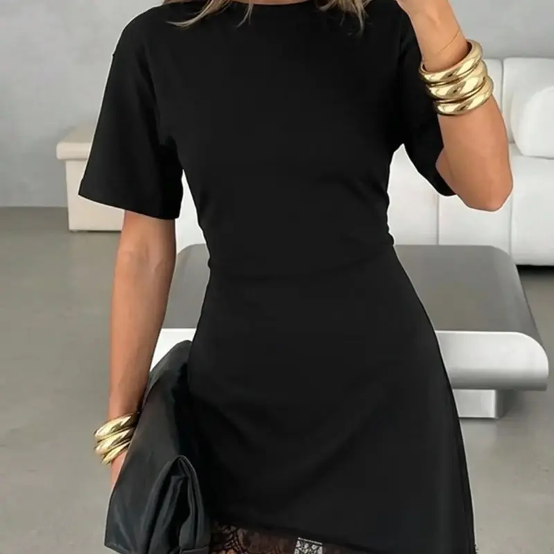 Short Sleeve Lace Trim Asymmetrical T-Shirt Dress Women Daily Wear Casual Mini Dress