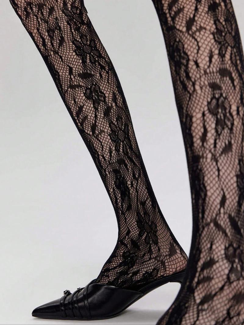 Thin Solid Color Sheer Hollow Out Pantyhose, Sexy Lace Net Stockings, Black & Wine Red For Women