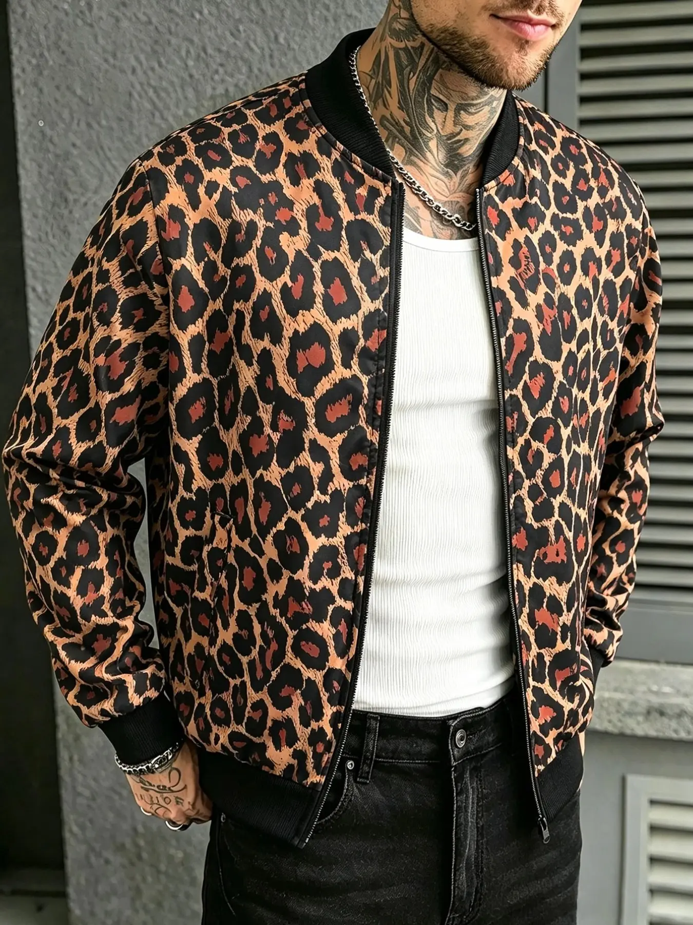Men's Vintage Leopard Print Baseball Collar Jacket, Cool Full Print Zipper Pilot Jacket, Streetwear Casual Top, Casual Loose Jacket, All Seasons