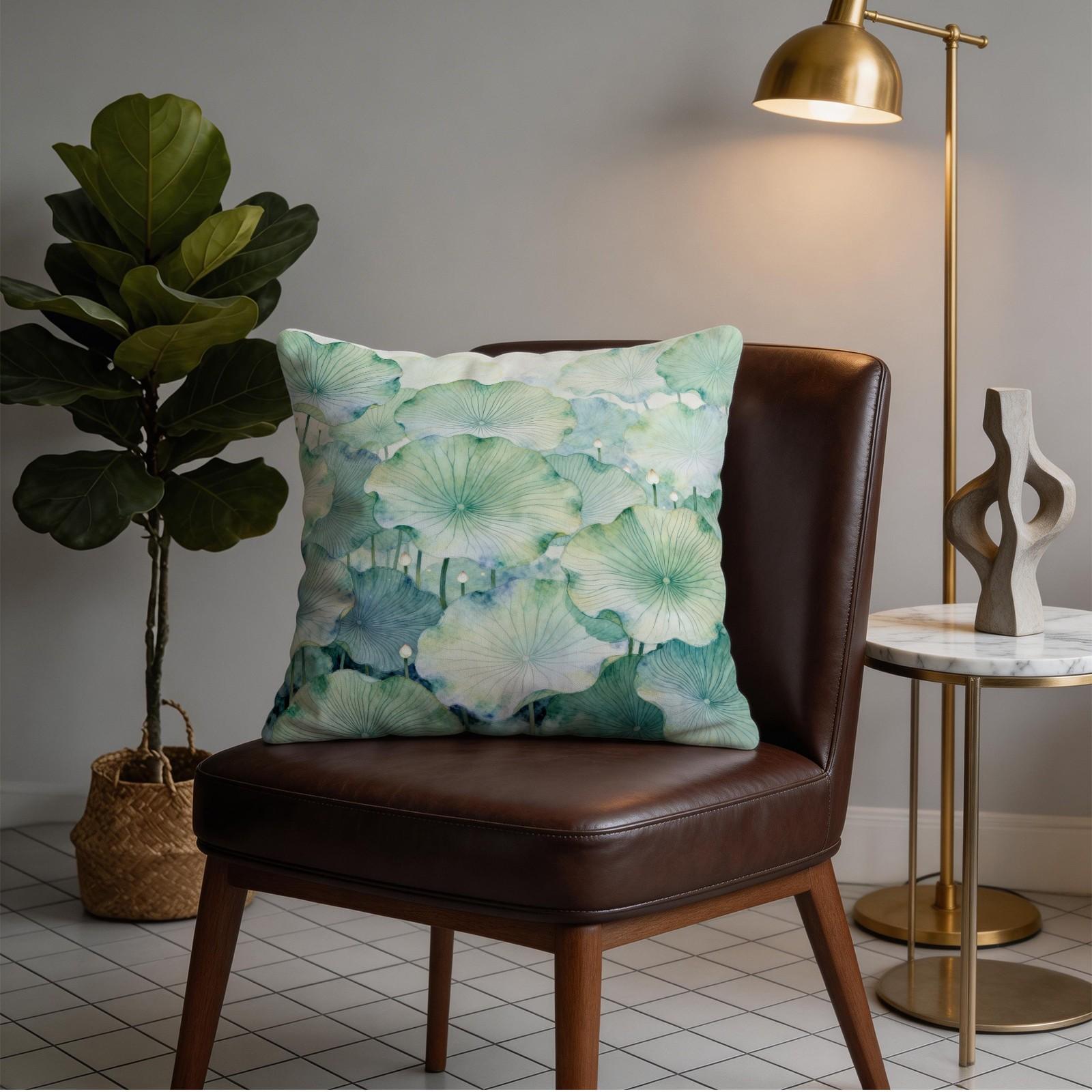 1 Piece Watercolor Lotus Leaf Throw Pillow, Green Lotus HD Digital Print Decorative Accent Pillow, Soft Cushion with Invisible Zipper for Couch Bed Sofa, 18x18 Inch (No Insert)