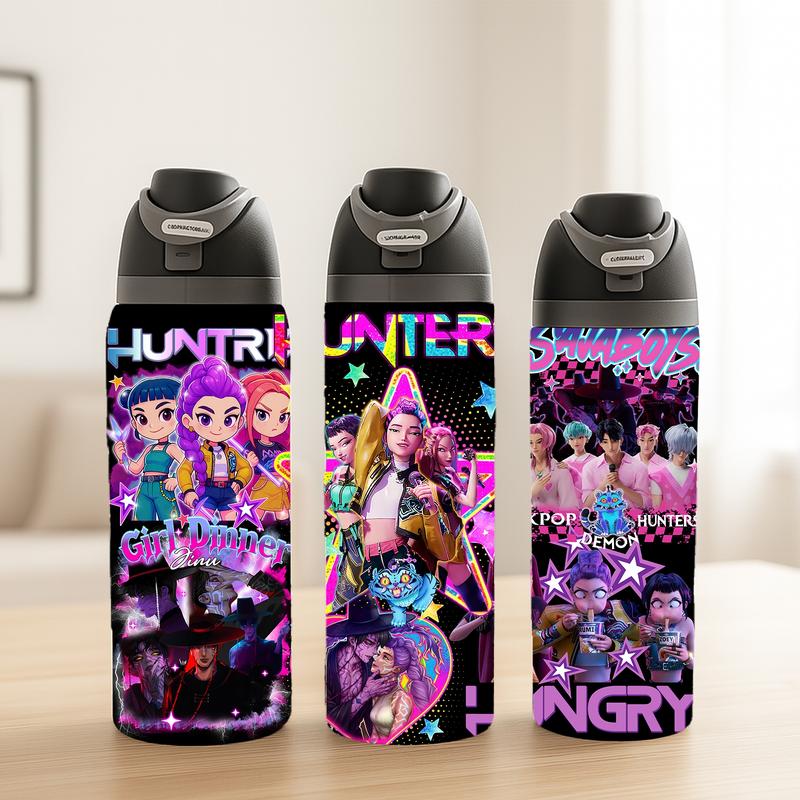 AuraCup 1pc 19/24/32oz KPop Demon Hunters Stainless Steel Tumbler, Anime Boys Comic Print, with Lid and Straw, Keep Hot 12H / Ice Drinks 24H, Great for Travel, Office, Unique Gift for music Lovers, KPop Demon Hunters, Fun Gift for Teens or Pop Culture Fan