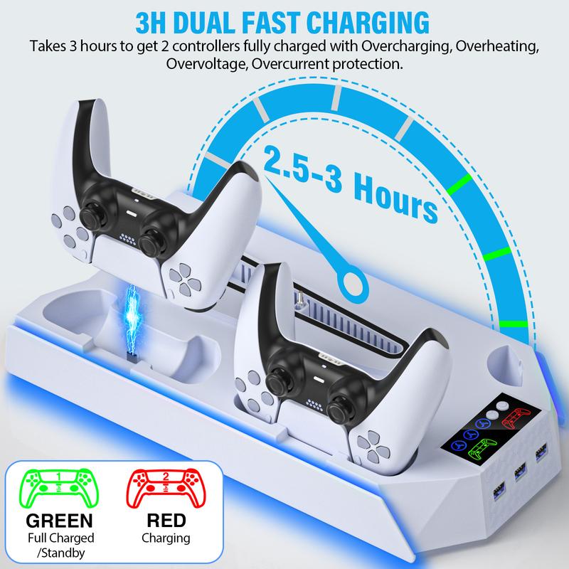 Cooling Stand for PS5 with Dual Controller Charging Base for PS5 Console Disc/Digital, 3 Levels Cooling Fan 3 USB Hub, PS5 Accessories Cooling Stand for PS5 with Dual Controller Charging Base for PS5 Console Disc/Digital, 3 Levels Cooling Fan 3 USB Hub, PS5 Accessories