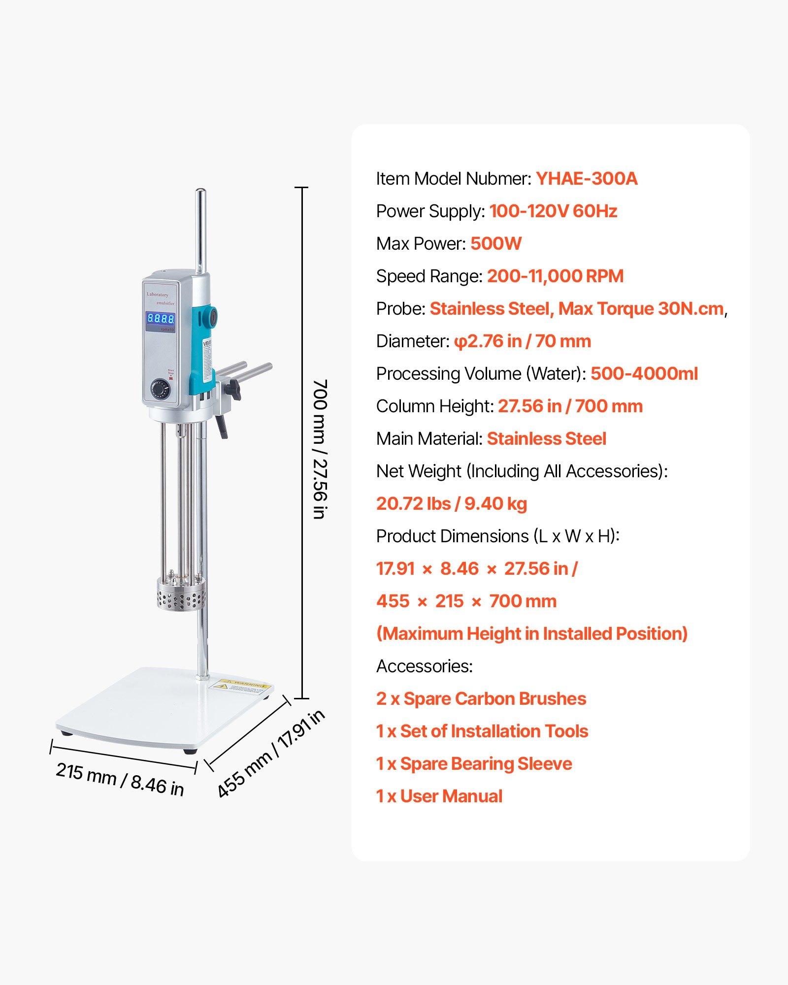 VEVOR 500W Stainless Steel Lab High-Shear Mixer, 200-11000 RPM Adjustable Speed High-Speed Dispersing Homogenizer, Digital Display Emulsify Blend Machine for Cosmetics, Food Industries, High Shear Mix