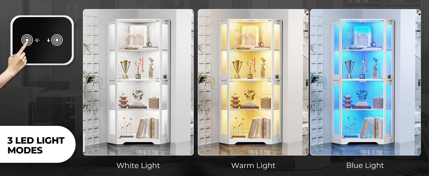 MIIFUNY Corner Display Cabinet with Glass Doors, 65" Lighted Curio Display Case with 3 Color Lights for Collectibles, 4-Tier Bookcase with Human Body Sensor for Living Room, White