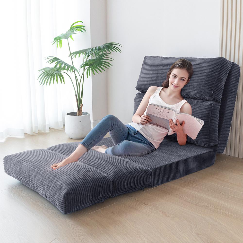 MAXYOYO Dark Grey Corduroy Folding Sofa Bed, Bean Bag Sofa Bed Floor Mattress with Washable Cover - 2-in-1 Lounger for Small Spaces