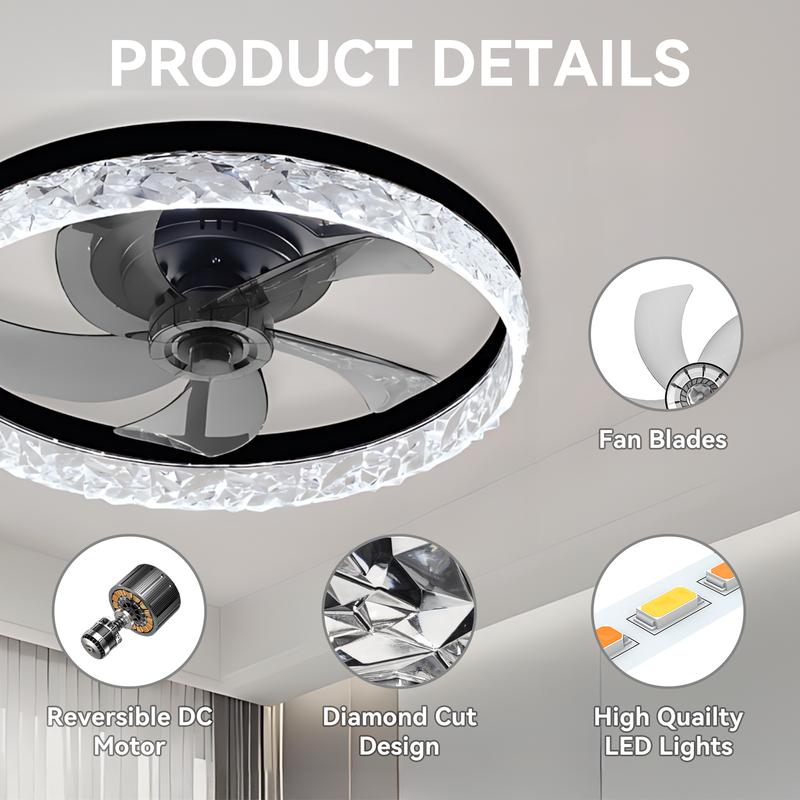 GLITGATE Cristais Multifunctional Ceiling Fan with Light, Remote Control/APP, 6 Wind Speeds, Timer, Reversible DC Motor, Adjustable Brightness & 3 Color Temperatures, Low Noise for Living Room, Bedroom, Study, Elegant Lighting
