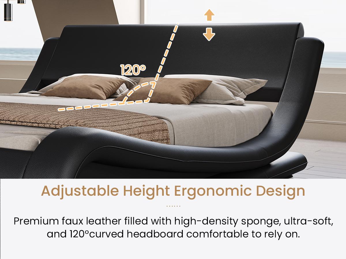 SHA CERLIN Upholstered Bed Frame【Frame Only No Mattress】Deluxe Low Profile Sleigh Bed with Faux Leather Ergonomics Headboard, No Box Spring Needed#ChristmasGifts#TikTokShopBlackFriday