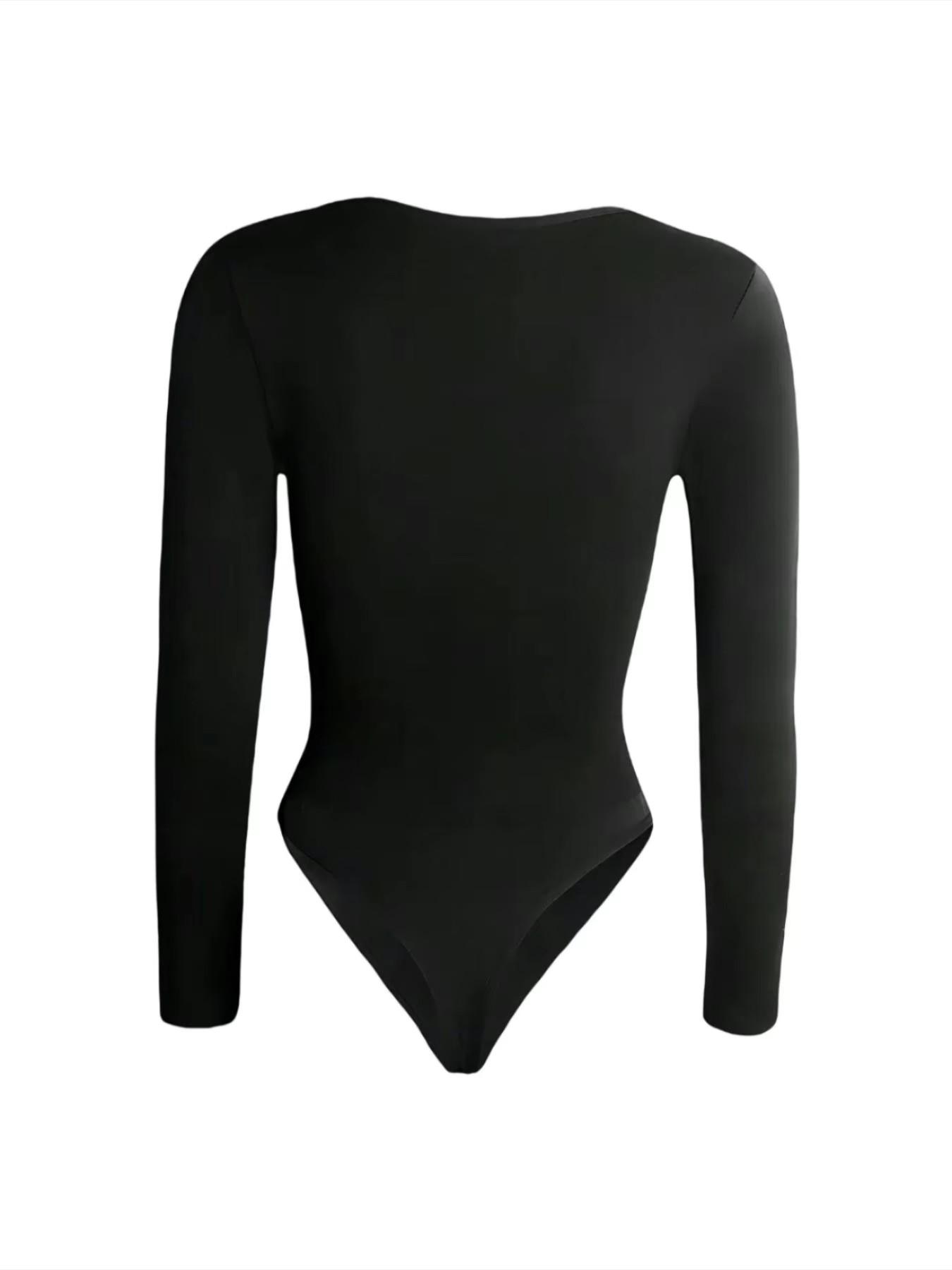 Women's solid knit long sleeve square neck shapewear bodysuit, slim fit, stretchy fabric, tummy control, Tummy Tuck Bodysuit, butt lifting design, comfortable breathable shaping wear, curve enhancer, perfect for daily casual, work, dates, parties