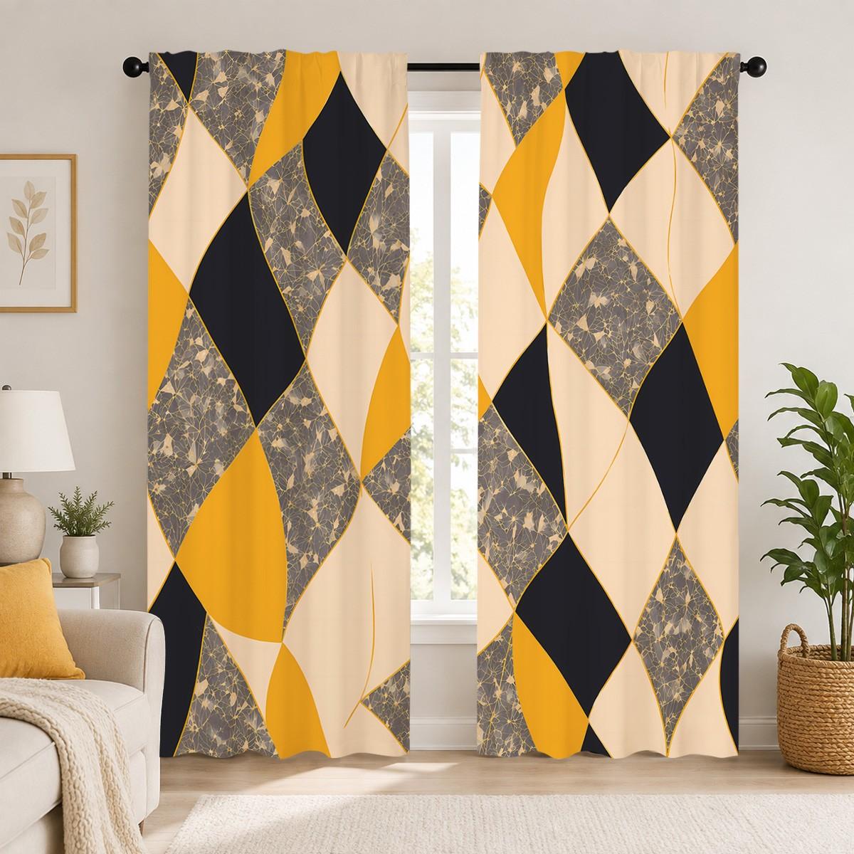2pcs Modern, minimalist luxury semi-blackout curtains in yellow, black, and beige with a diamond geometric pattern. Pocket rod installation, made of polyester, suitable for bedrooms, kitchens, studies, etc. Semi Shading Curtain