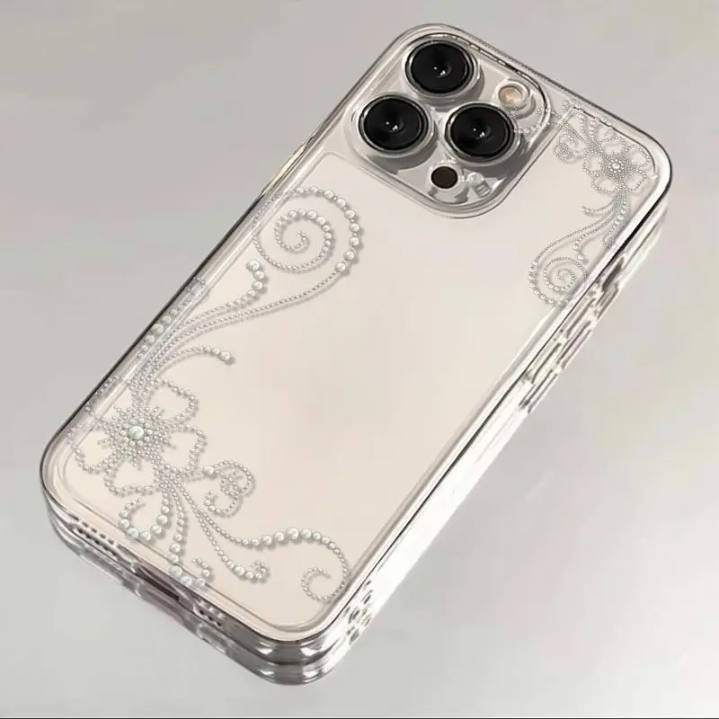 Elegant Pearl Floral Swirl Pattern Clear Space Phone Case for iPhone, Precise Cutout Transparent Shockproof Protective Cover, Slim Soft TPU Bumper Hard PC Back Case for Women