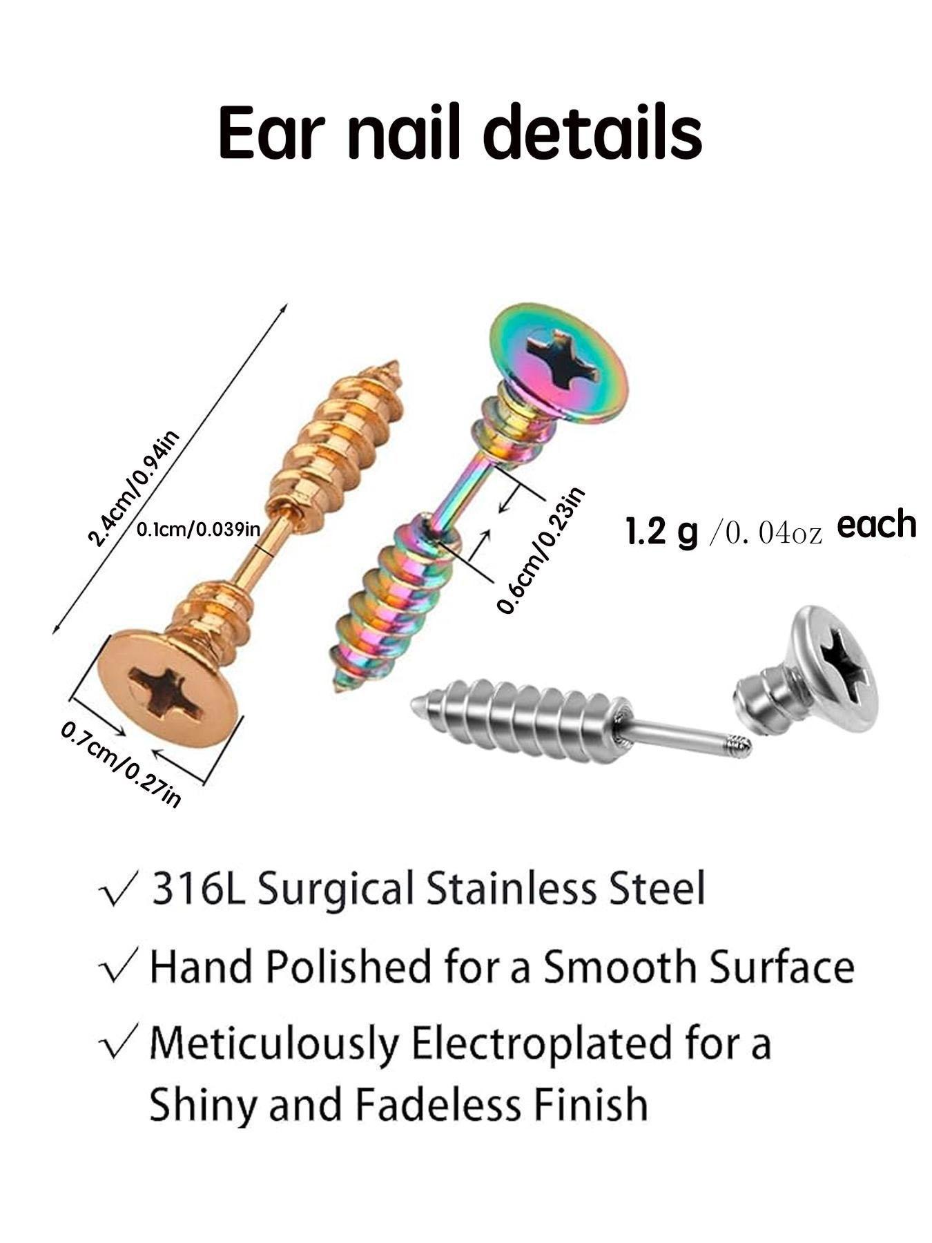 Unisex Stainless Steel Screw Ear Studs & Safety Pin Earrings, Punk Hip-Hop Design, Hypoallergenic, Cool Grunge Style, Piercing Jewelry