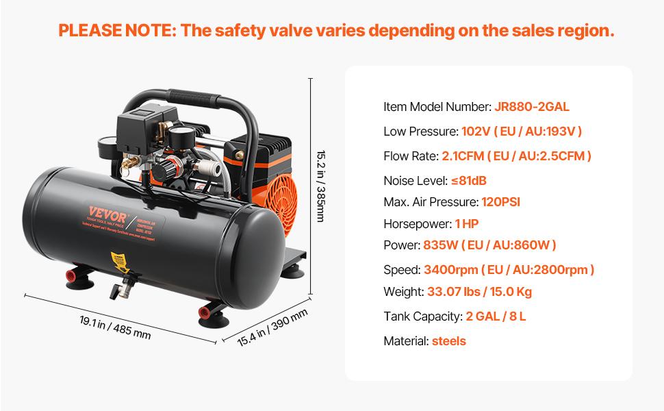 VEVOR Air Compressor, 2 Gallon Steel Tank, 1HP 2.1 CFM 8bar Oil Free Air Compressor Max. 120PSI Pressure, 81dB Ultra Quiet Portable Compressor, for Auto Repair, Tire Inflation, Spray Painting