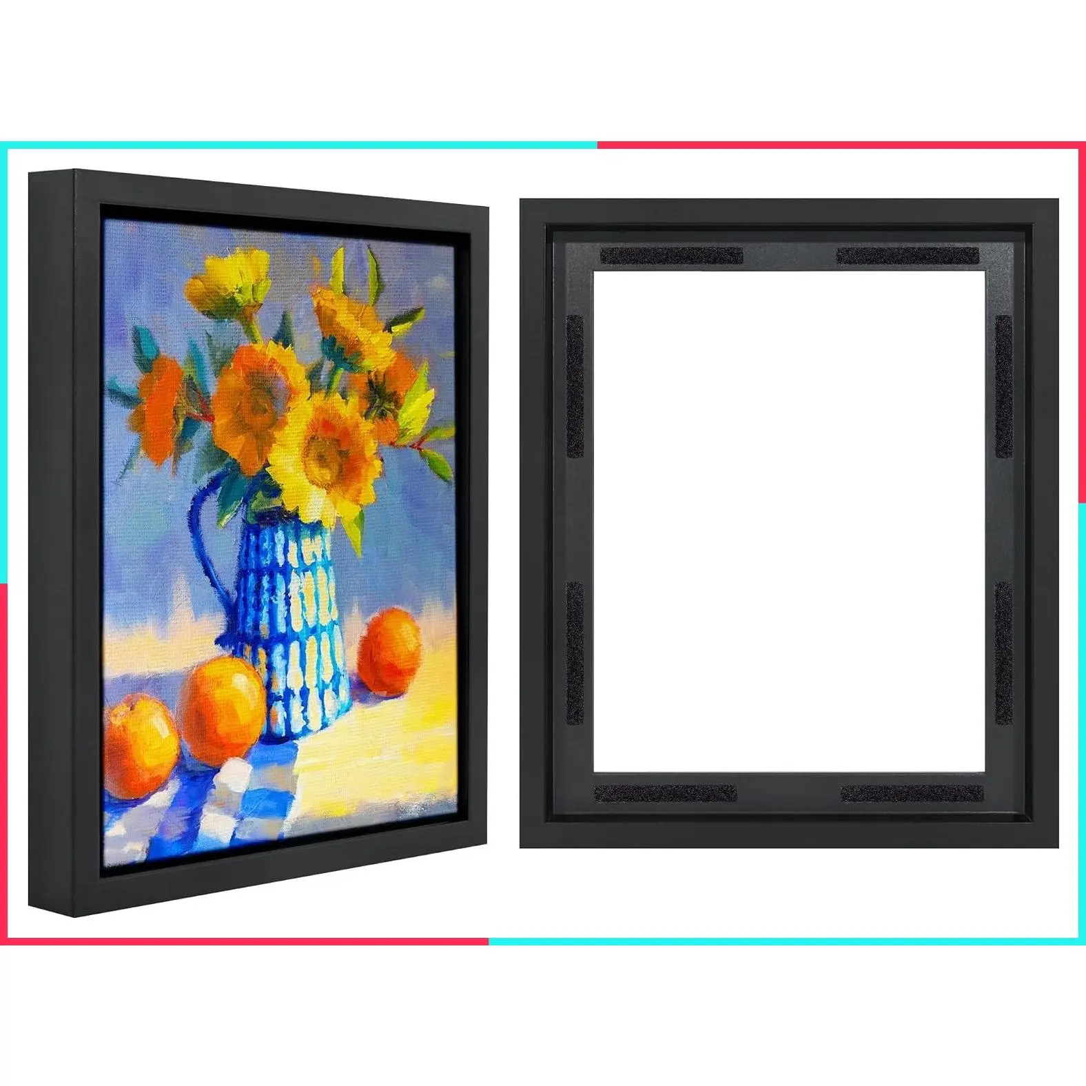 11x14 Canvas Floating Frame in Black Engineered Wood with Crystal-Clear Glass, Wall Mount Vertical or Horizontal, Sawtooth Hangers Included
