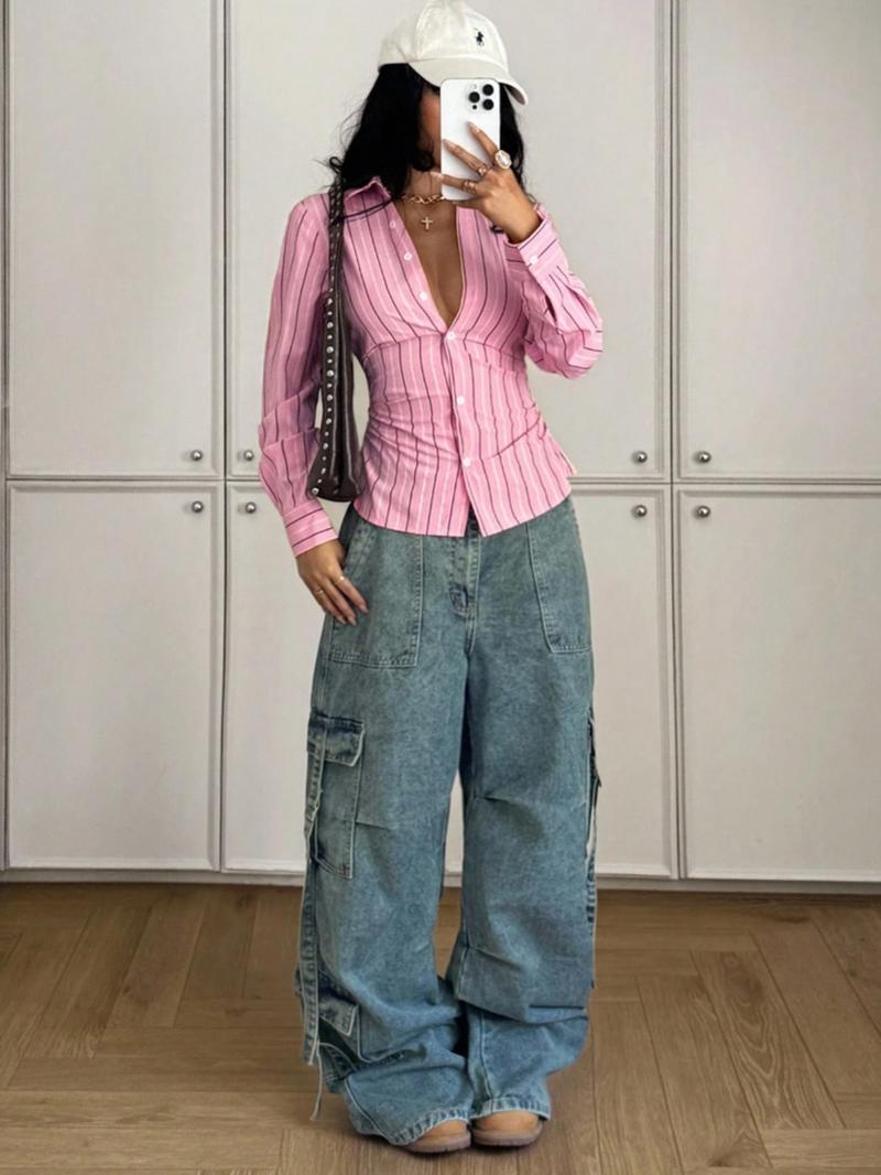 Women's All Over Striped Print Button Front Shirt, Casual Elegance Style, Casual Long Sleeve Top for Spring & Fall, Ladies Clothes for Daily Wear