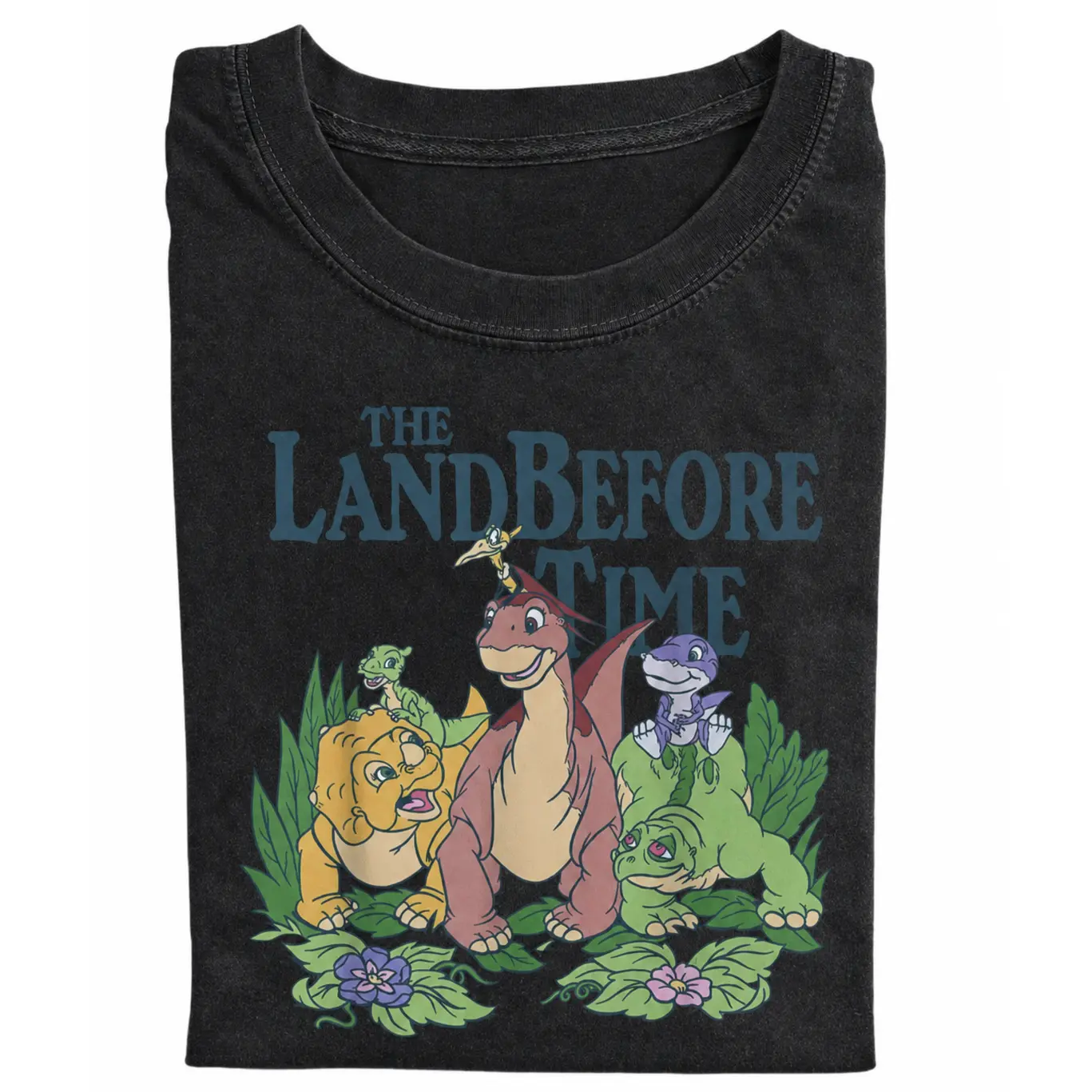 Unisex The Land Before Time Pastel Dinosaur Friends Crew Neck Comfort Color Washed Cotton Streetwear Top, Thick Natural Denim-Infused Sports Tee (Pair with Matching Sweatpants/Jacket), Baseball