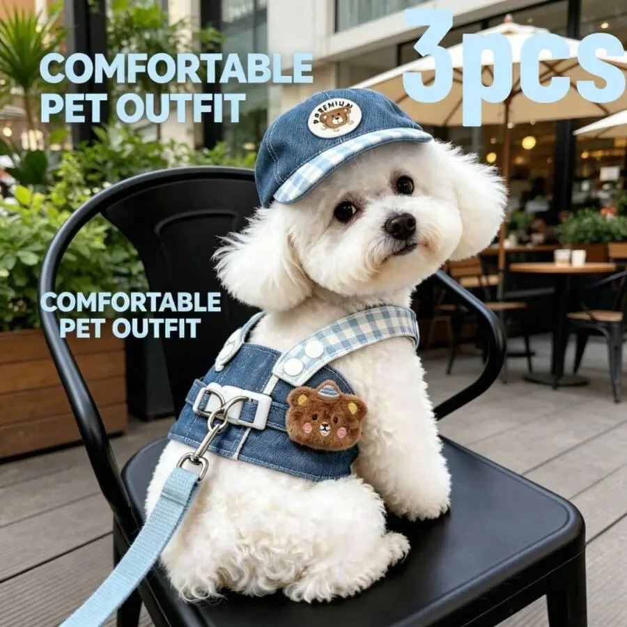Cute Dog Harness And Hat Set, Plaid Pet Harness With Leash, Soft Mesh Dog Vest-Style Harness, Suitable Small And Medium-Sized Dogs