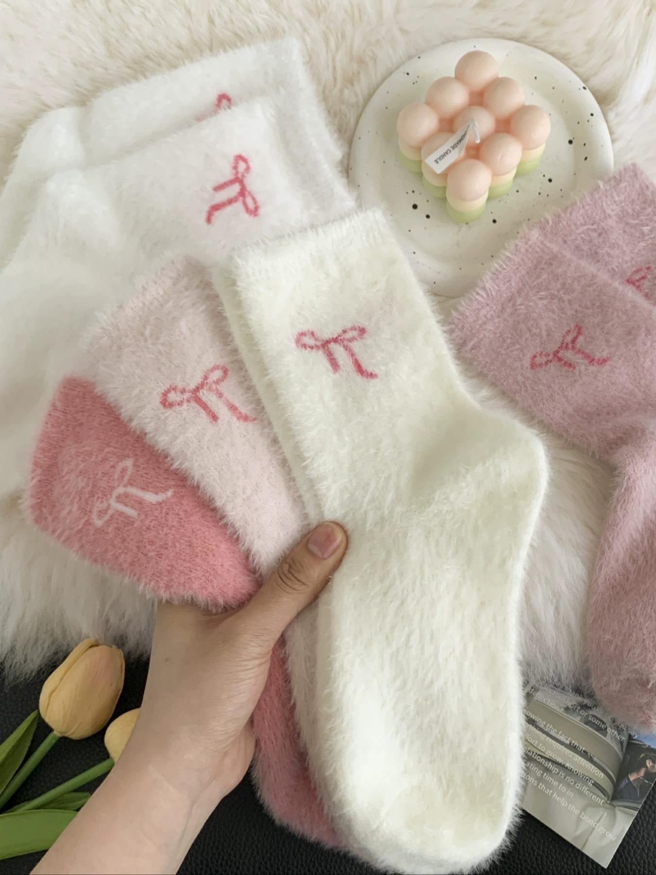Women's Winter Waterfall Bow Plush Soft Comfy Socks, Cute Sweet Mid-Calf Thick Warm Sleep Socks, Puffy Cartoon Pattern, Loose-Fitting Kint Fabric