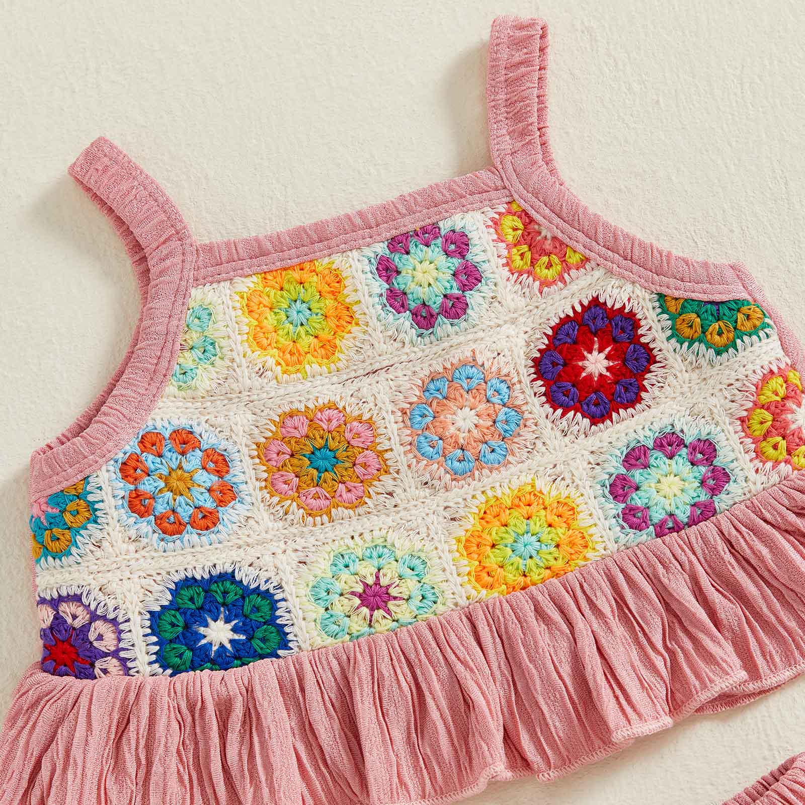 Toddler Girls Two Piece Outfits Crocheted Flowers Fruit Ruffled Camisole Tops Elastic Waist Long Pants Baby Children Summer Clothes #Summervibes