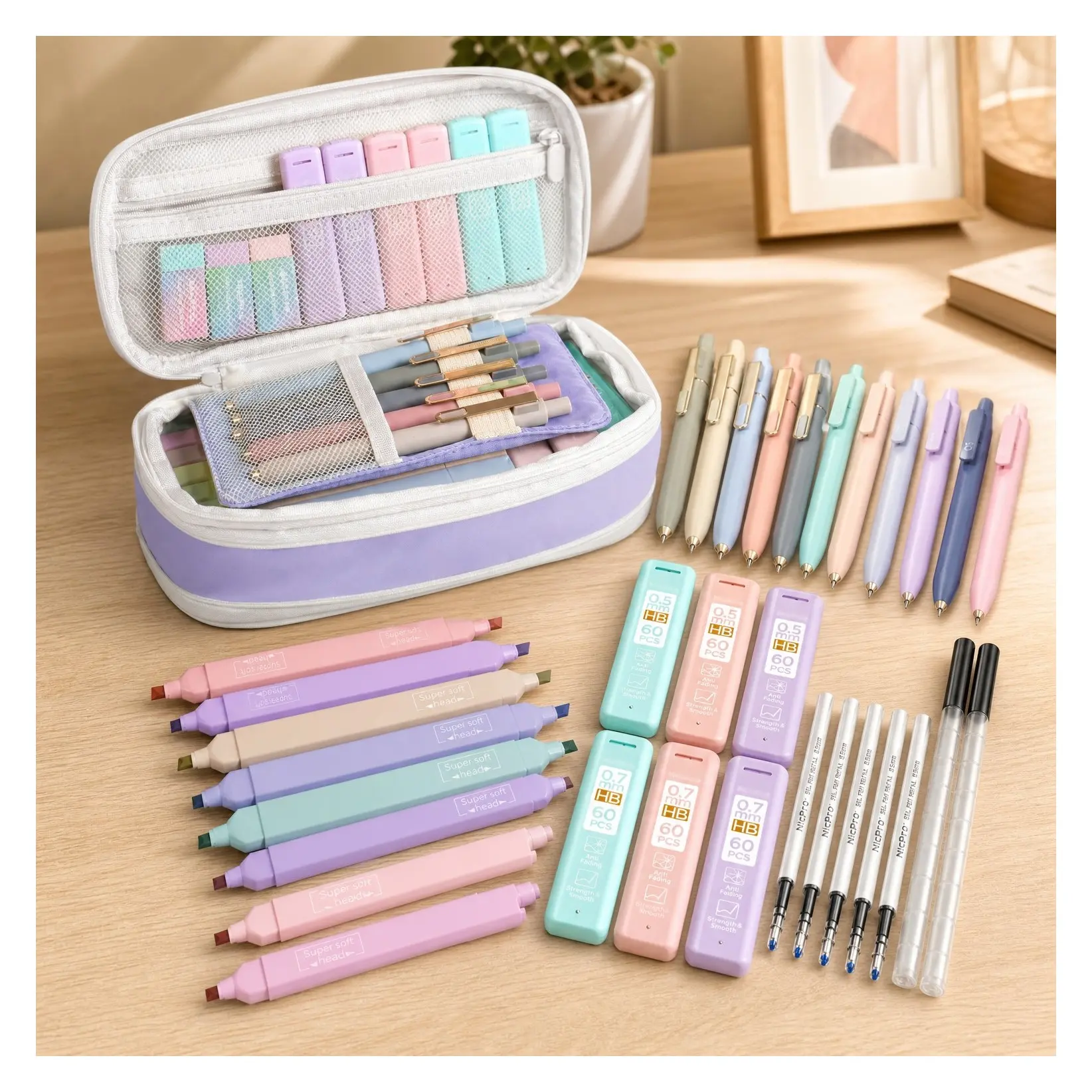 39 PCS Purple School Supplies Set with Pencil Case, 12 Highlighters, 5 Gel Pens, 6 Mechanical Pencils - Back to School Essentials for College & Nursing StudentsGift