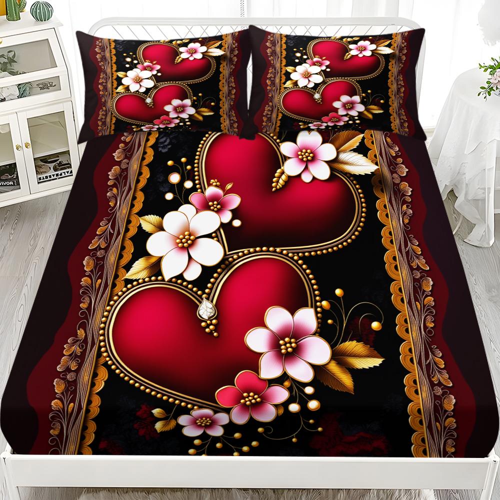 Valentine's Day Pattern Bedding Set, Soft Comfortable Sheet Set, Mattress Protector, Bedroom Guest Room Dorm Decor, Diverse Living Scenarios, 1 Fitted Sheet + 2 Pillowcases