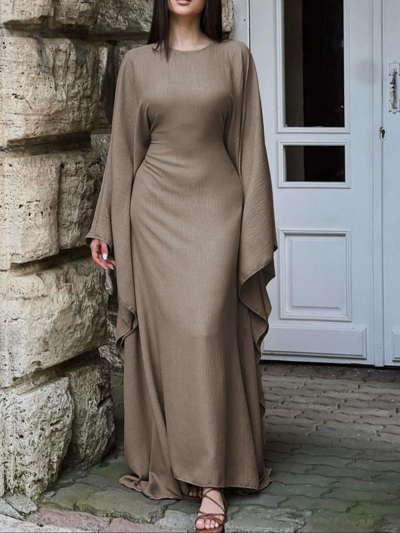 Women's Solid Color Loose-Fitting Batwing-Sleeve Long Dress, Casual Summer Woven Fabric Dress, Perfect for Relaxed Outings