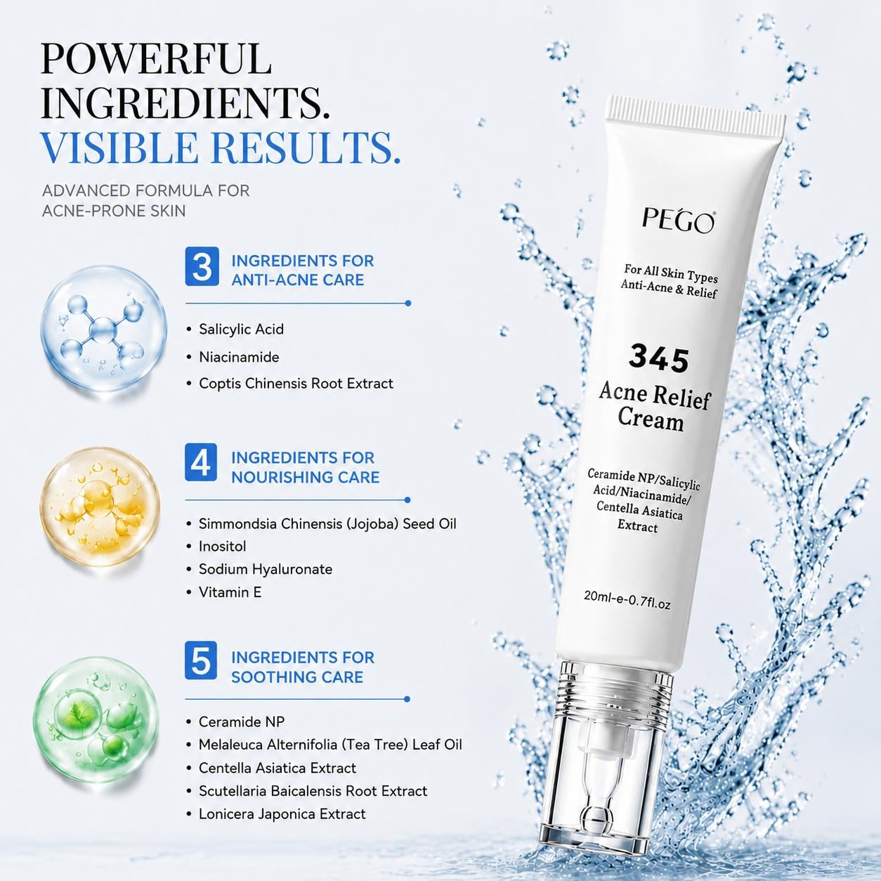 PEGO 345 Acne Relief Cream - Acne Solution Cream, Daily Face Moisturizer, Blemish Relief Care, Soothing Recovery, For Acne and Post-Acne Face Moisturizer with Centella,Salicylic Acid, Niacinamid,Calm Redness & Fade Acne Scars,Nighttime Acne Repair